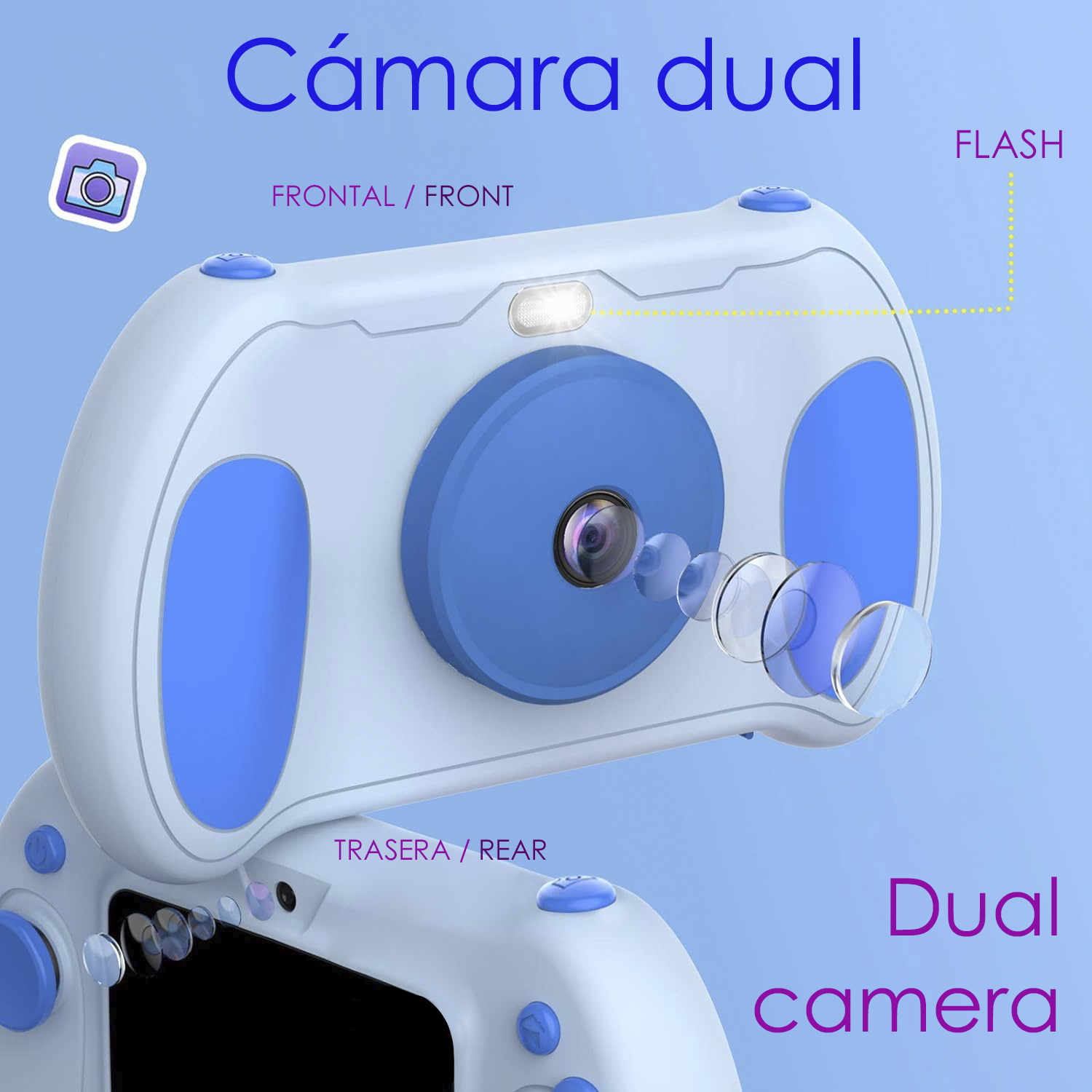 Dualkamera-Kinderkamera, blau und weiß, mit Etiketten und Kameralinsen-Details.