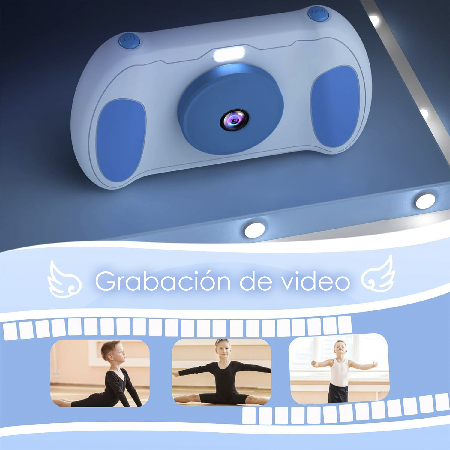 Spielzeug-Videokamera mit Kinderbildern auf blauem Hintergrund. Text: Graban video.
