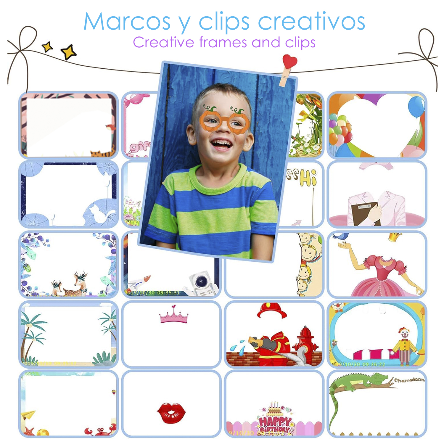 Collage kreativer Rahmen und Clips. Ein Junge mit orangefarbener Brille im Mittelpunkt.