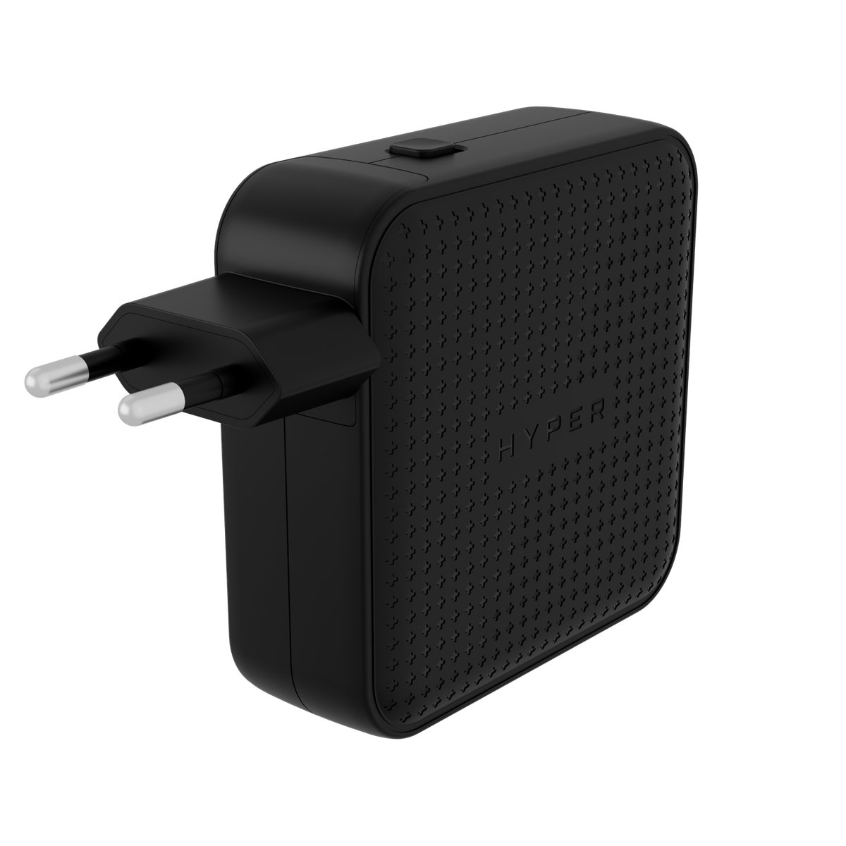 Un adaptador de cargador negro con dos pines, con una superficie texturizada y la palabra 'HYPER'.