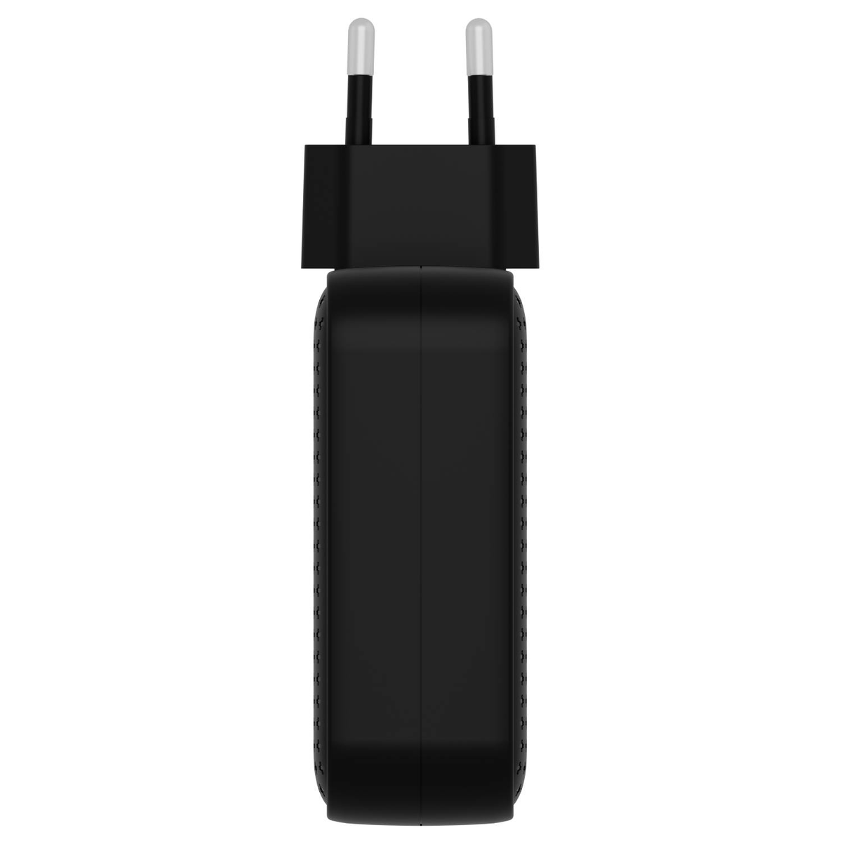 Cargador negro con dos clavijas. Tiene forma rectangular.