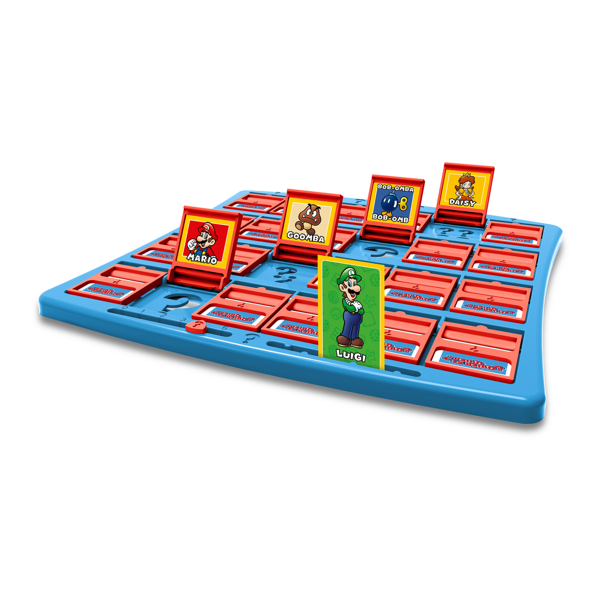 Juego de mesa con cartas de personajes, etiquetadas con Mario, Luigi y otros.