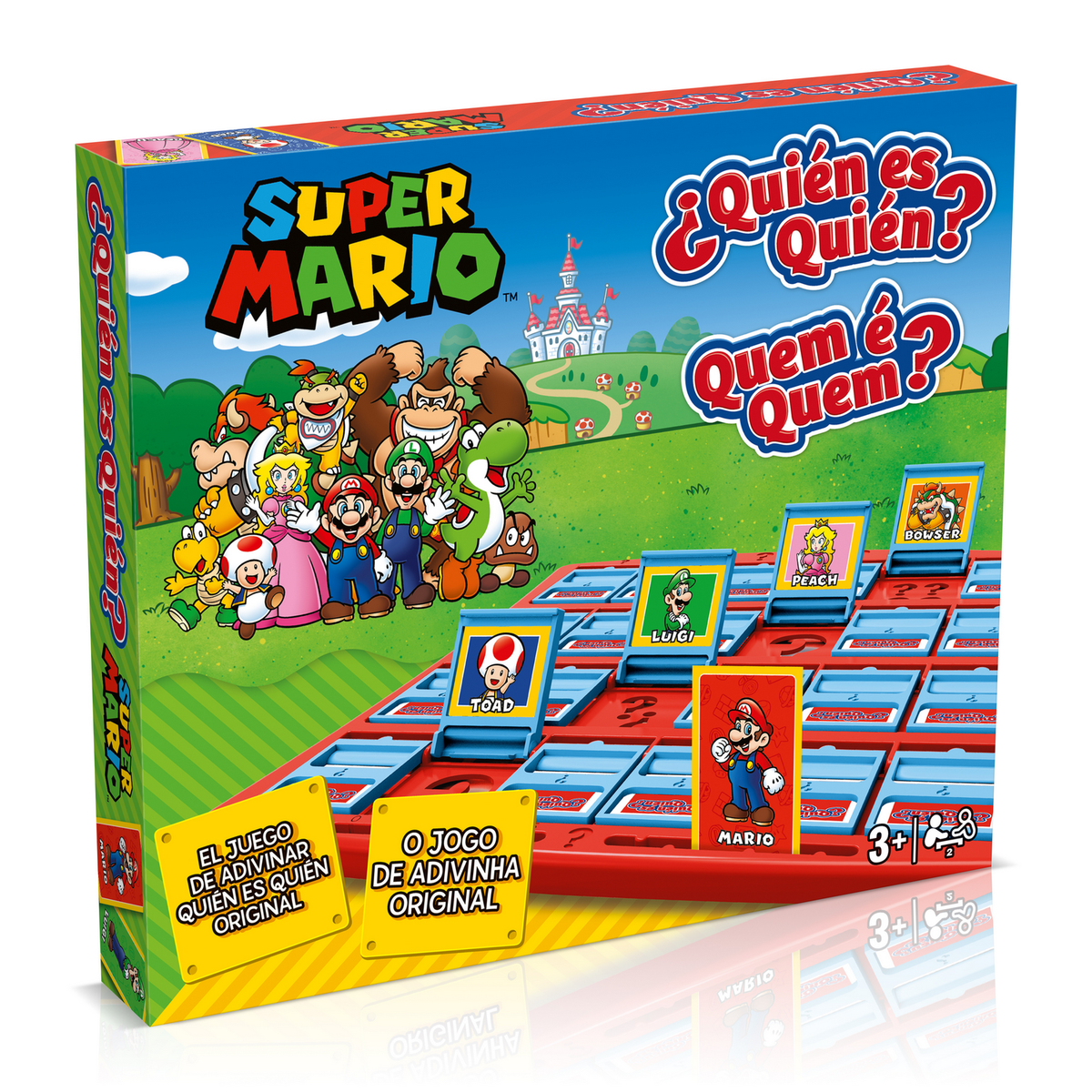 Caja del juego de mesa Super Mario con personajes de Mario y el título Quién es Quién? en español.