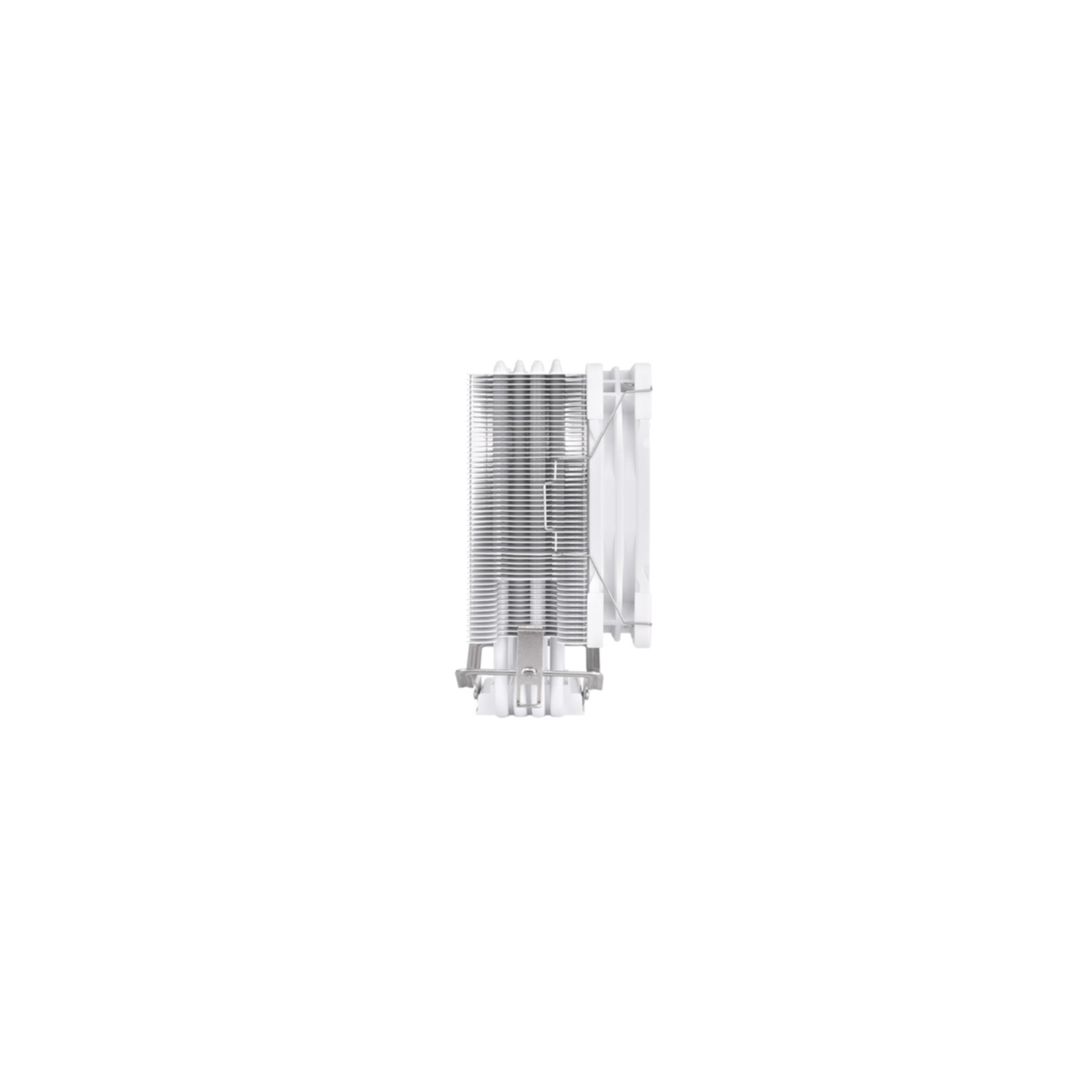 Dissipatore CPU a torre con alette argentate e telaio bianco, su sfondo bianco.