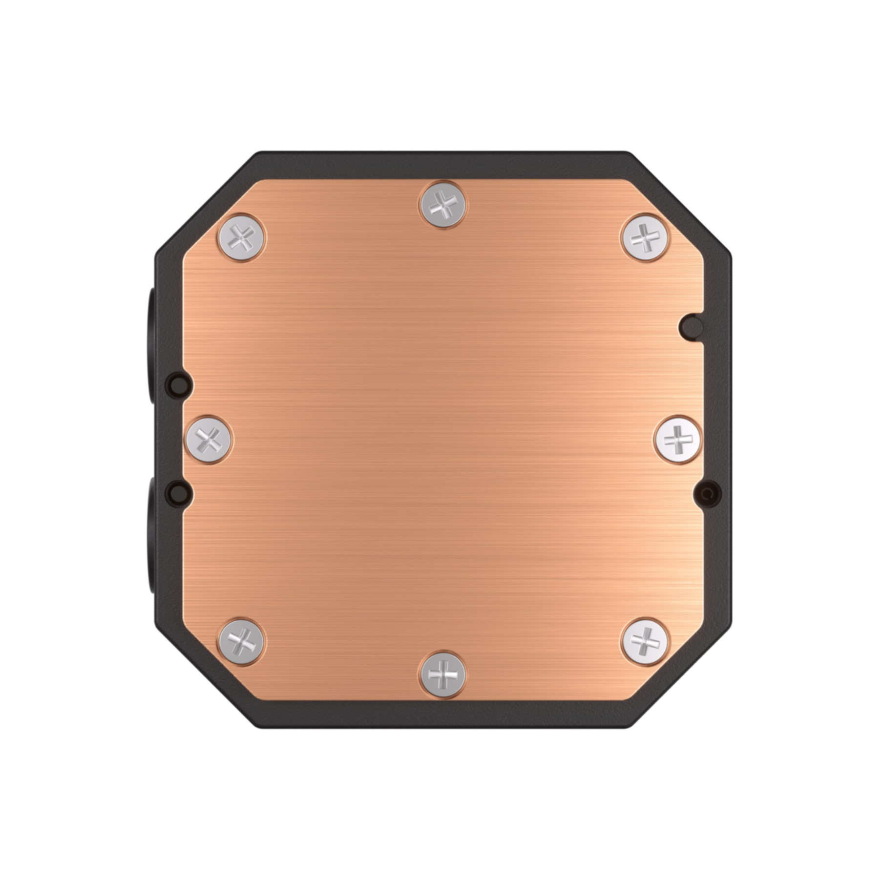 Widok z góry na miedziany blok chłodzący do komputera, ze śrubami.