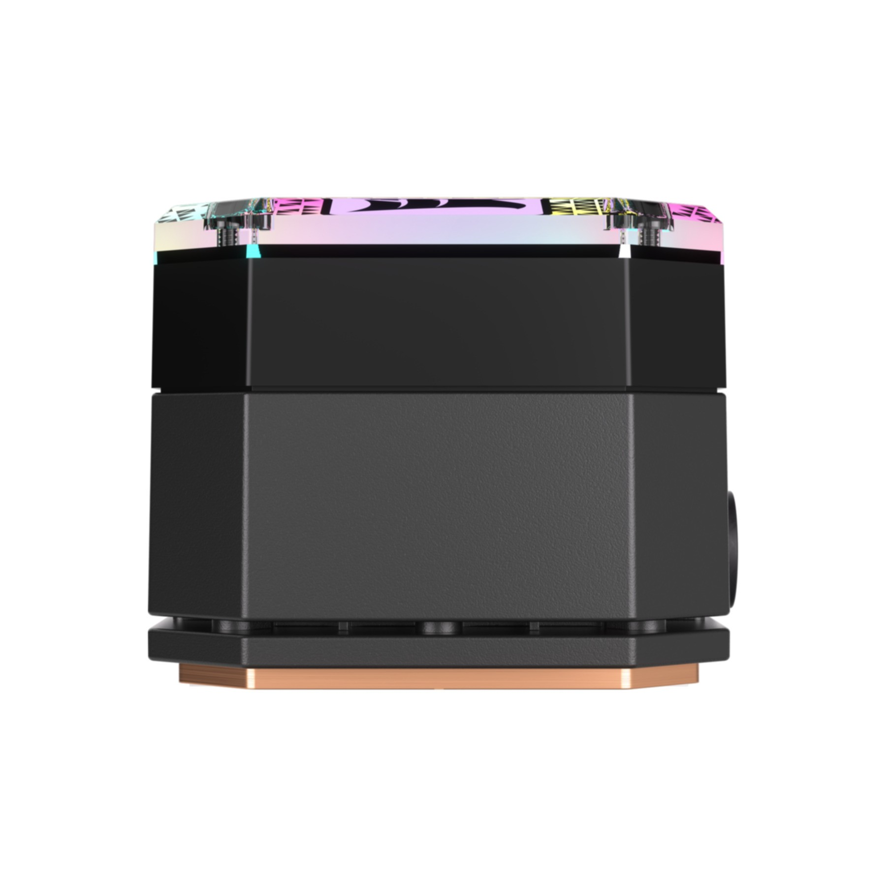 Czarny wentylator chłodzący do komputera z kolorowym oświetleniem LED na górze.