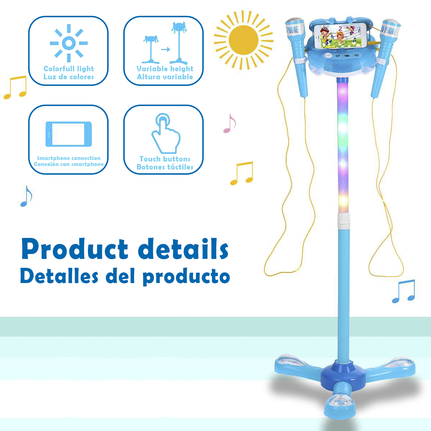 Blaue Karaoke-Maschine mit Mikrofonen und Symbolen. Sie verfügt über Lichter, Touch-Tasten und Smartphone-Verbindung.