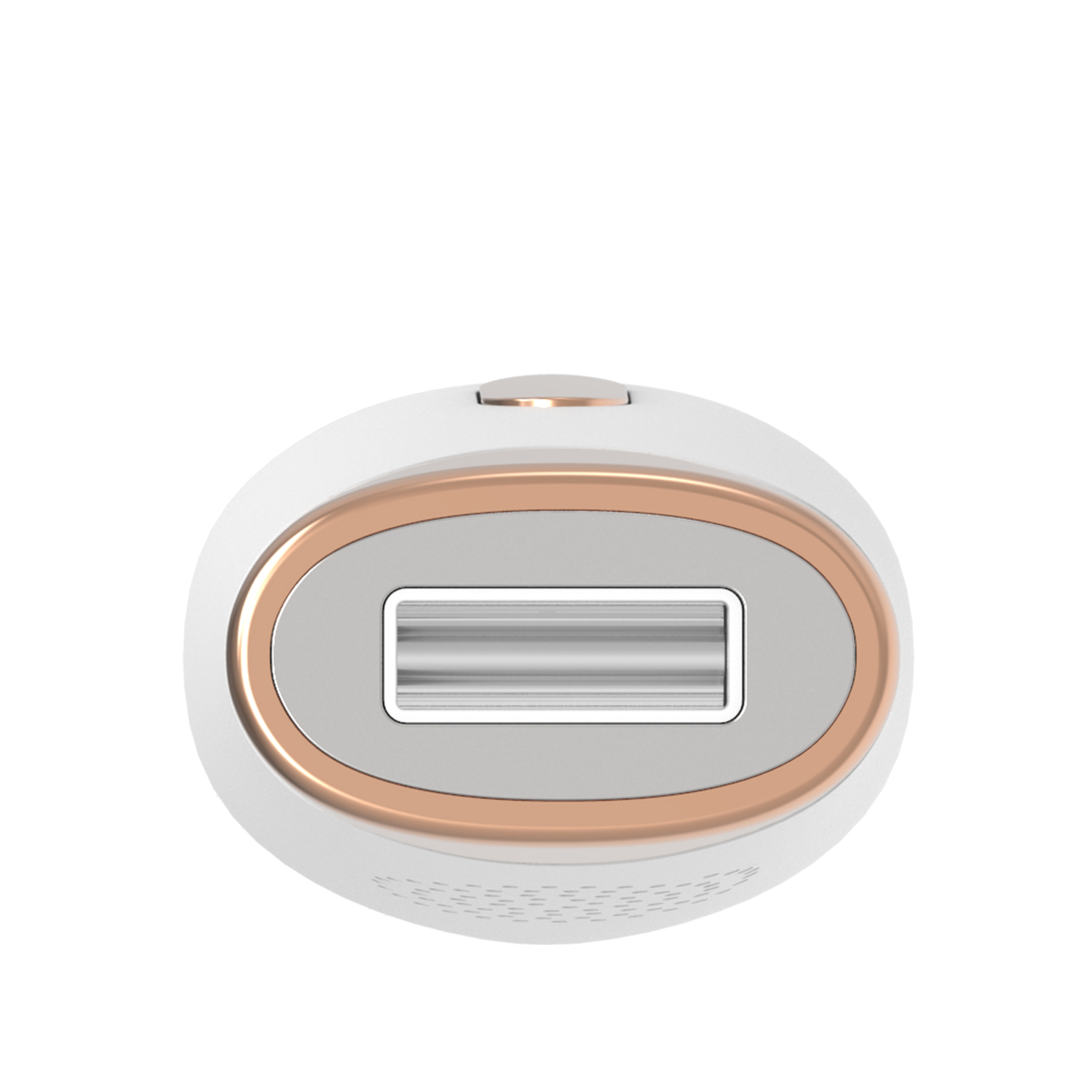 Nahaufnahme eines weißen USB-Ladegeräts mit roségoldfarbenen Akzenten. Der USB-Anschluss ist sichtbar.