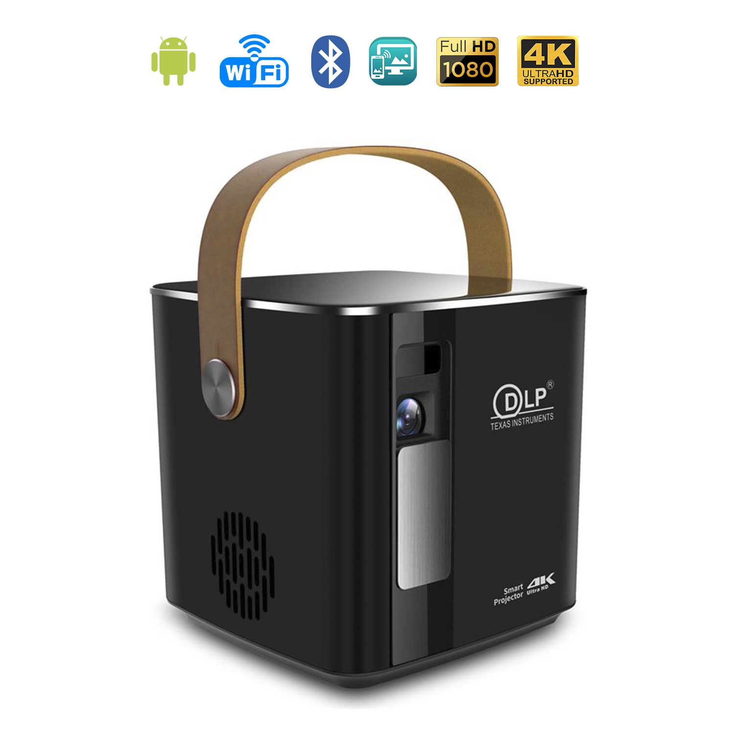 Proiettore portatile nero e marrone con maniglia. Icone Android, WiFi e 4K visibili.