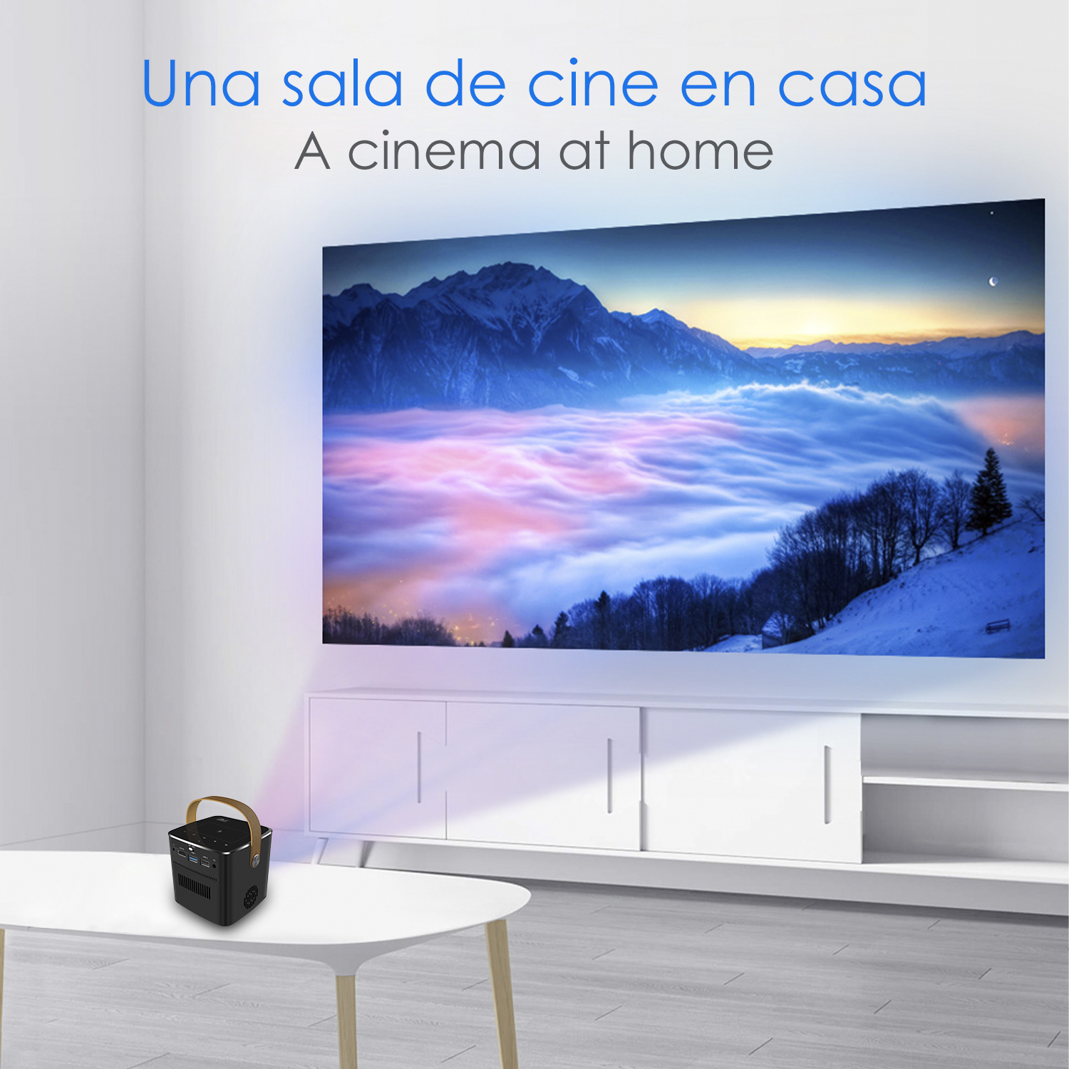 Un proiettore proietta un'immagine su un muro sopra un mobile bianco.