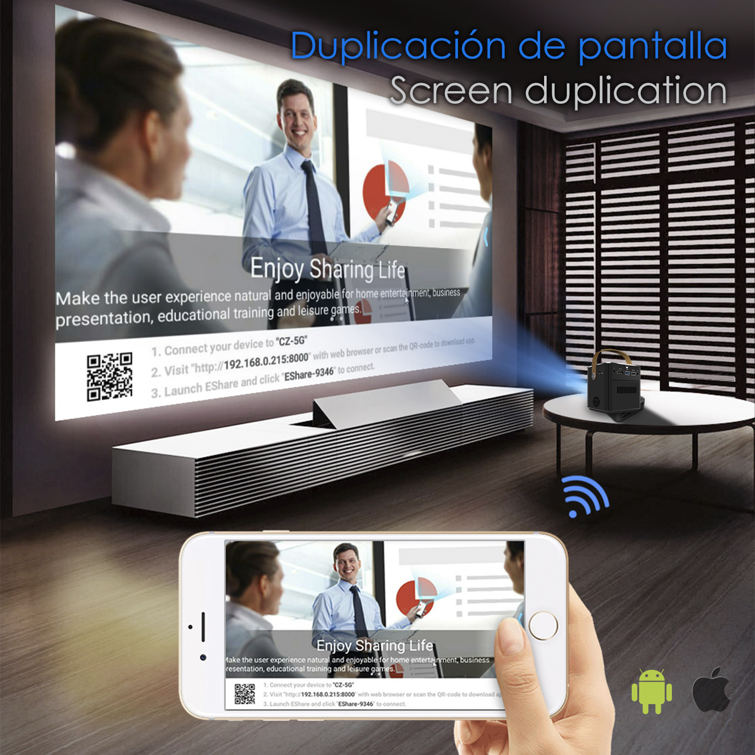 Uomo presenta la duplicazione dello schermo dal telefono al proiettore. Testo: Duplicazione dello schermo. Telefono e proiettore sul tavolo.