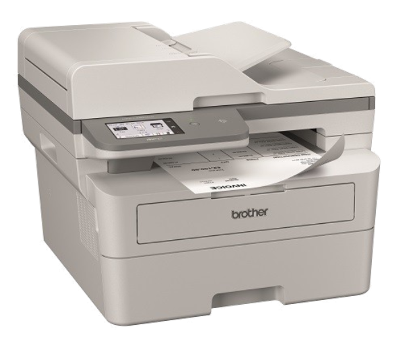 Jasnoszara drukarka z wychodzącym papierem, z podajnikiem papieru i wyświetlaczem.