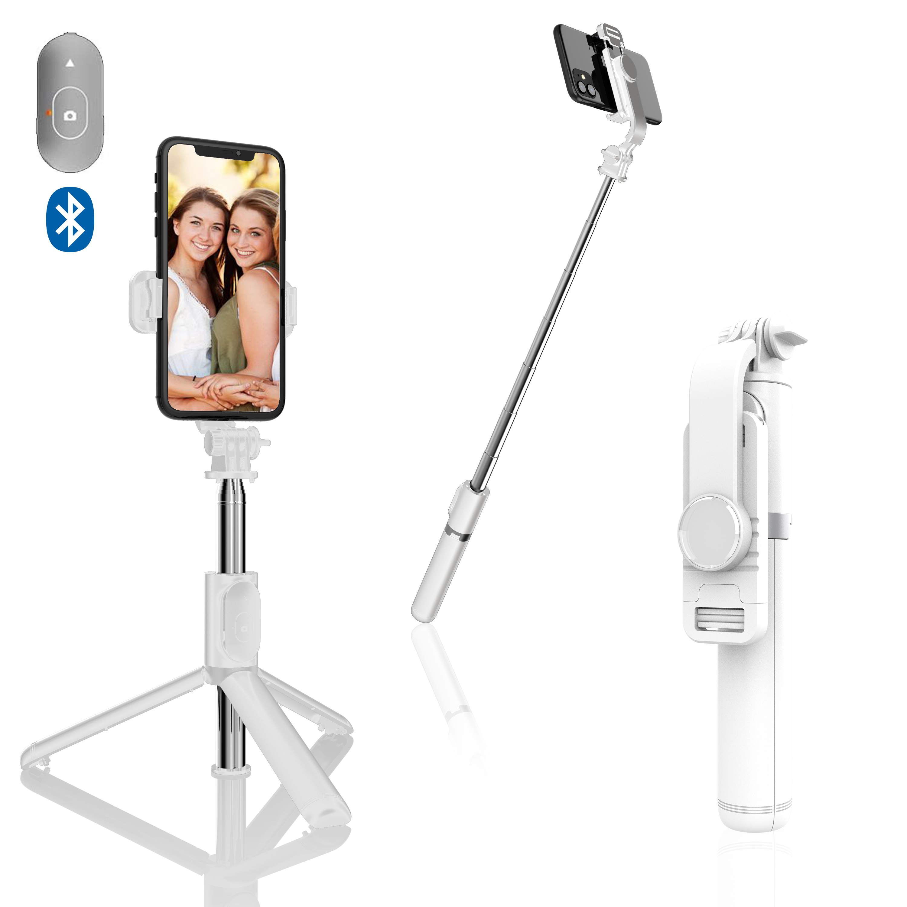 Un bastone per selfie bianco con un telefono attaccato e un telecomando, su una superficie bianca.