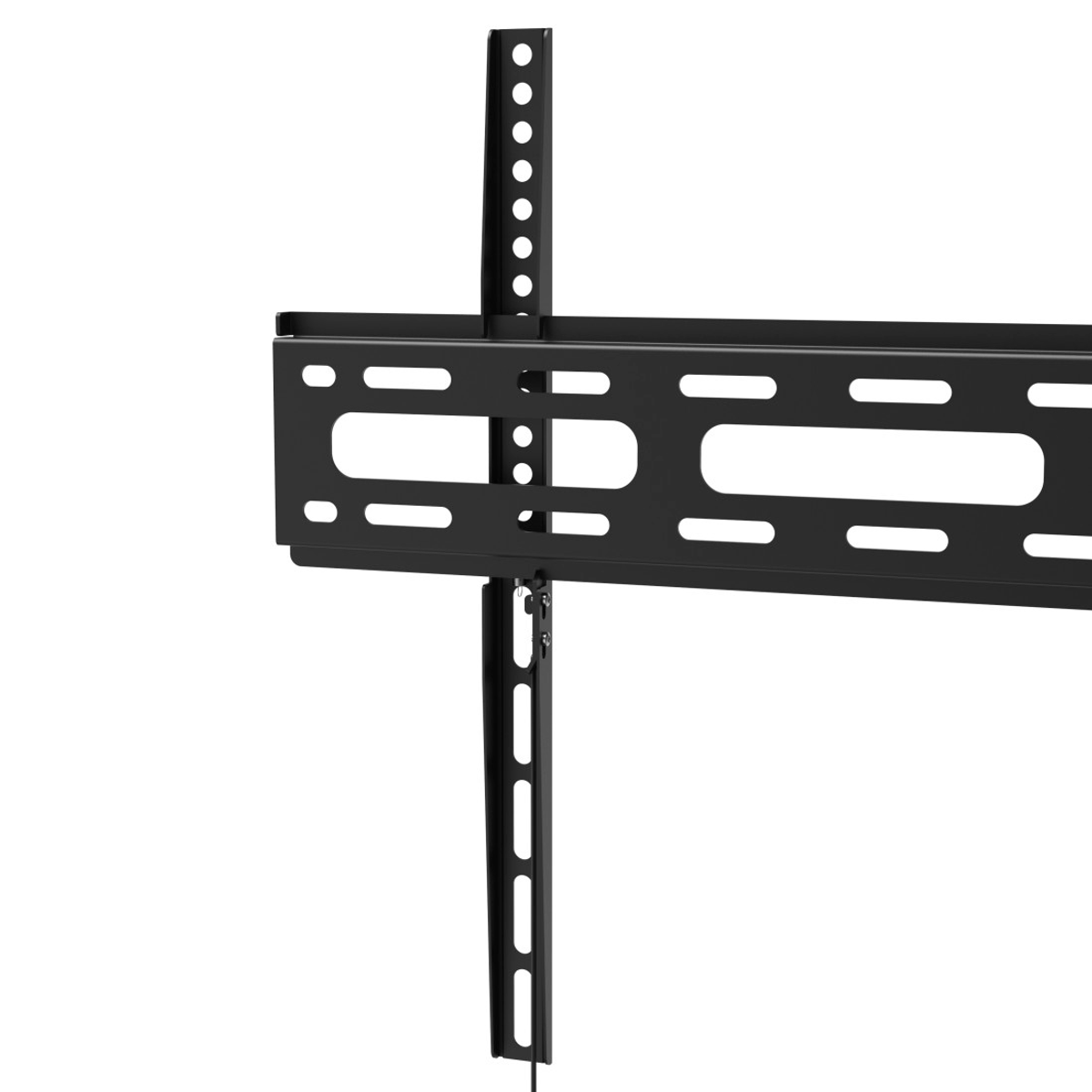 Un supporto TV in metallo nero, con guide di montaggio e supporto verticale.