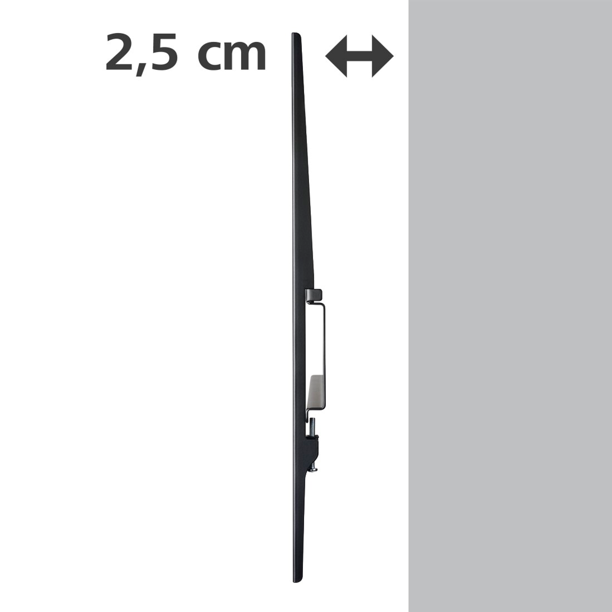 Profilo del supporto TV nero che mostra una profondità di 2,5 cm.