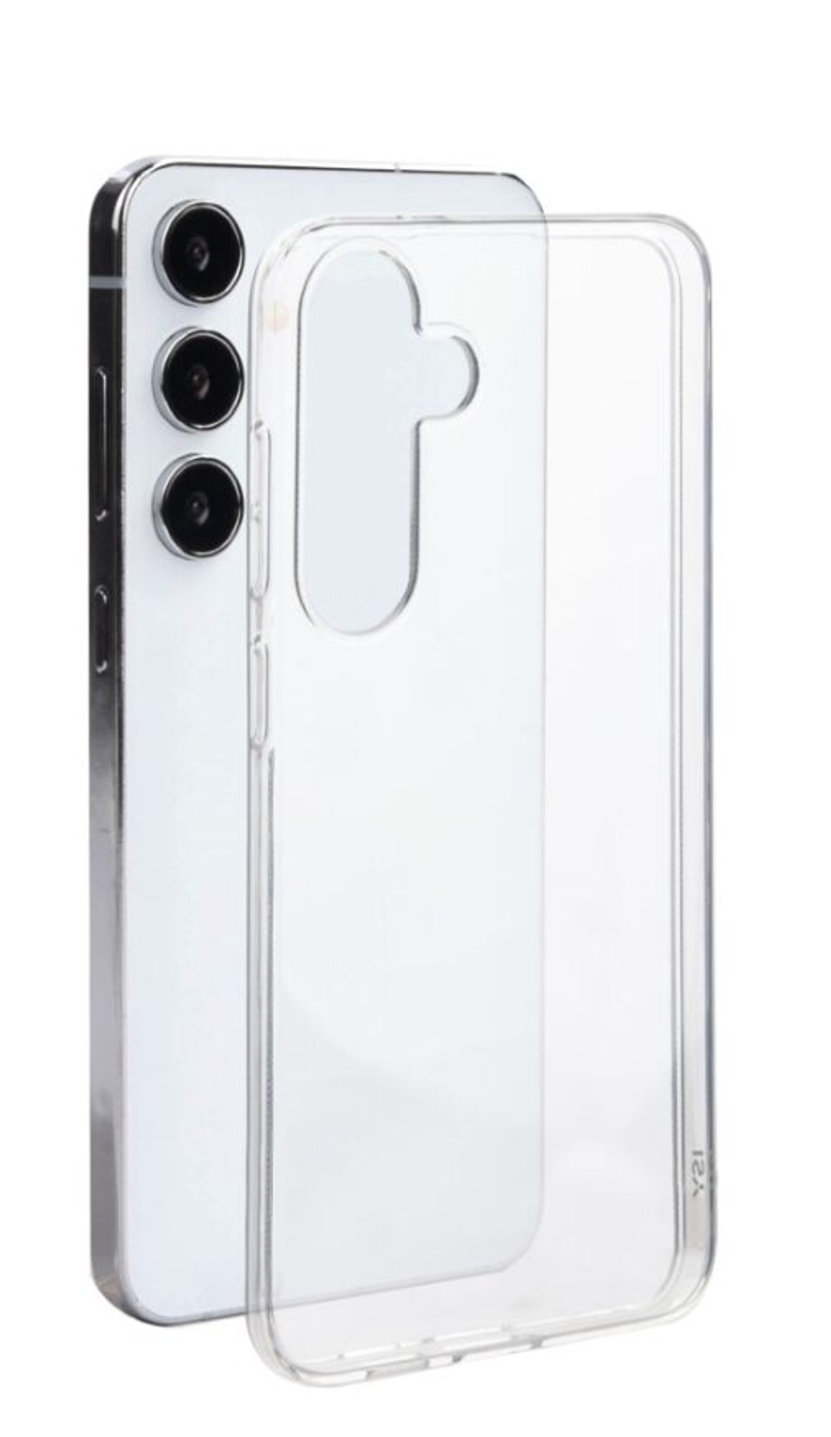 Silbernes Smartphone mit drei Rückkameras, eine transparente Hülle bedeckt es teilweise.