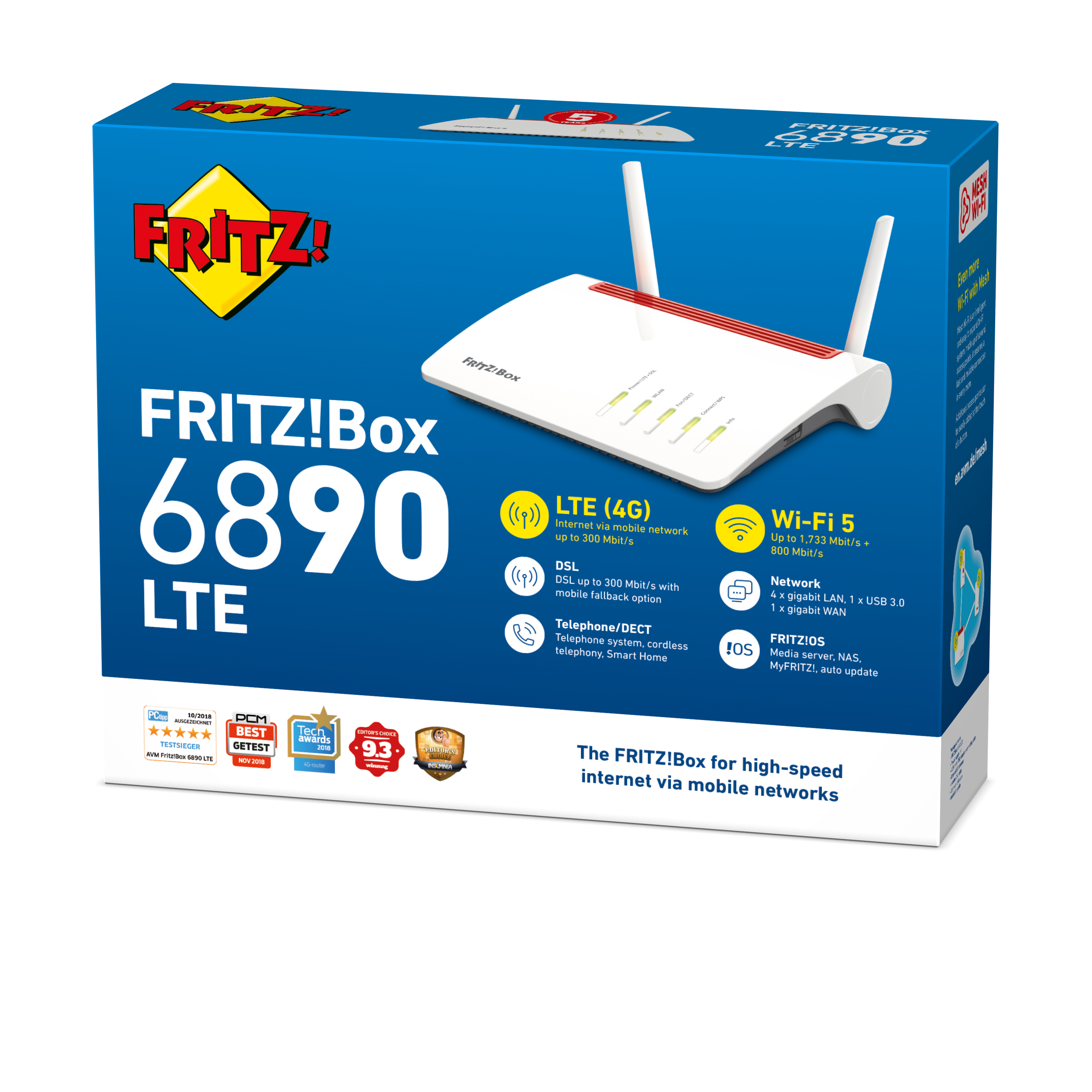 Pudełko routera FRITZ!Box 6890 LTE. Pudełko jest biało-czerwone z informacjami o produkcie.