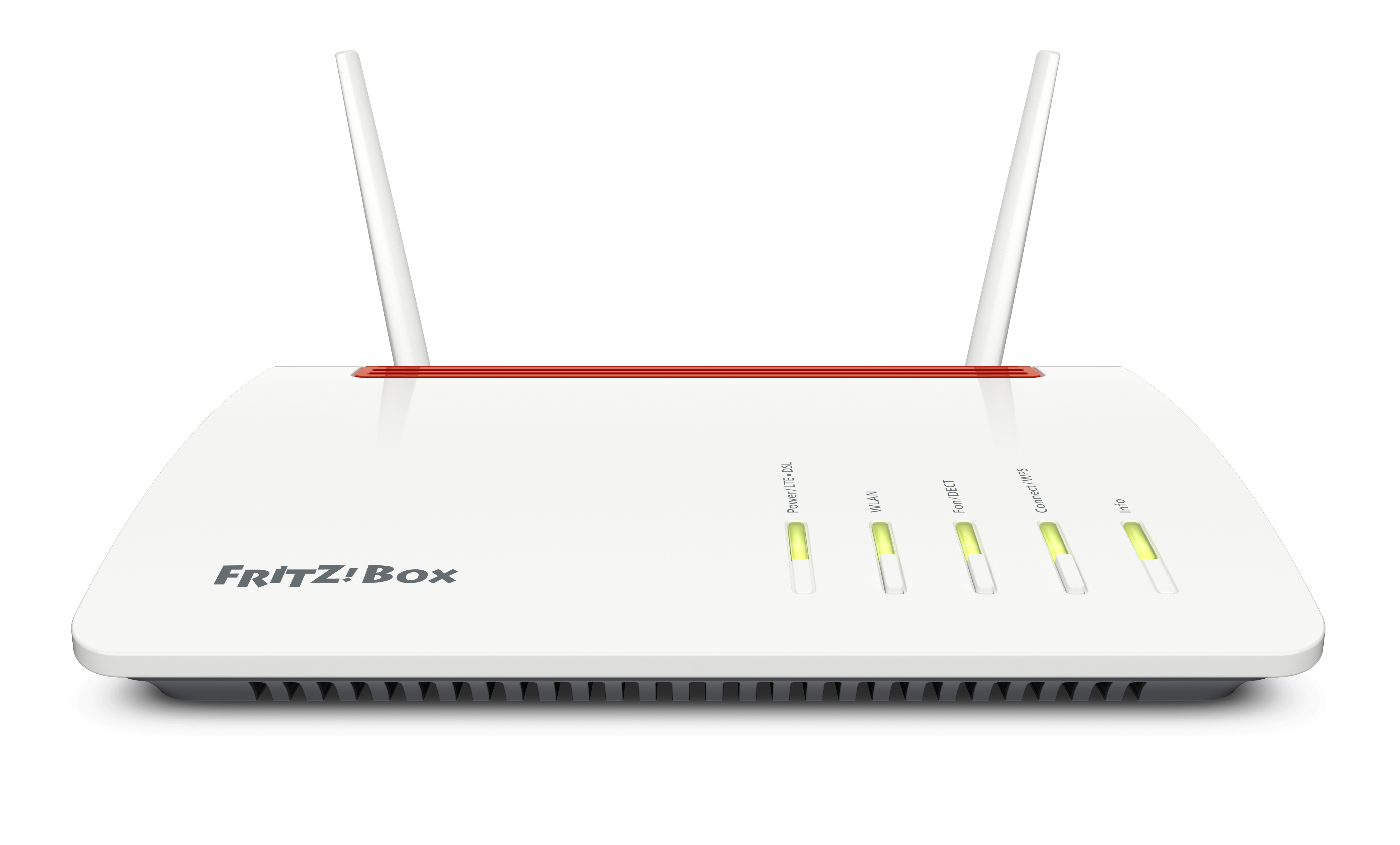 Biały router Wi-Fi z dwiema antenami, wyświetlający kontrolki i logo 'FRITZ!Box'.