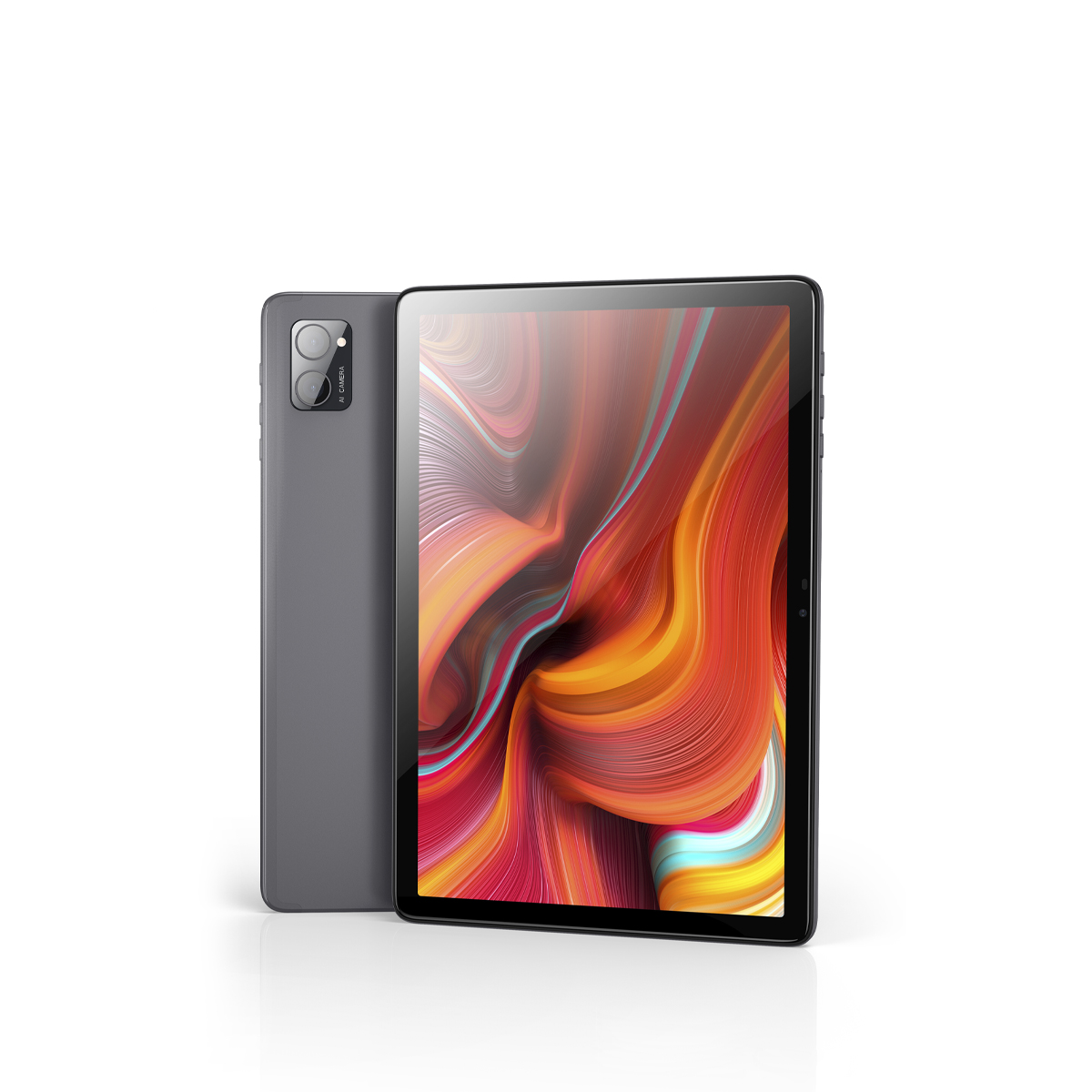 Szary tablet z ekranem wyświetlającym abstrakcyjny kolorowy obraz, inny widok z tyłu.