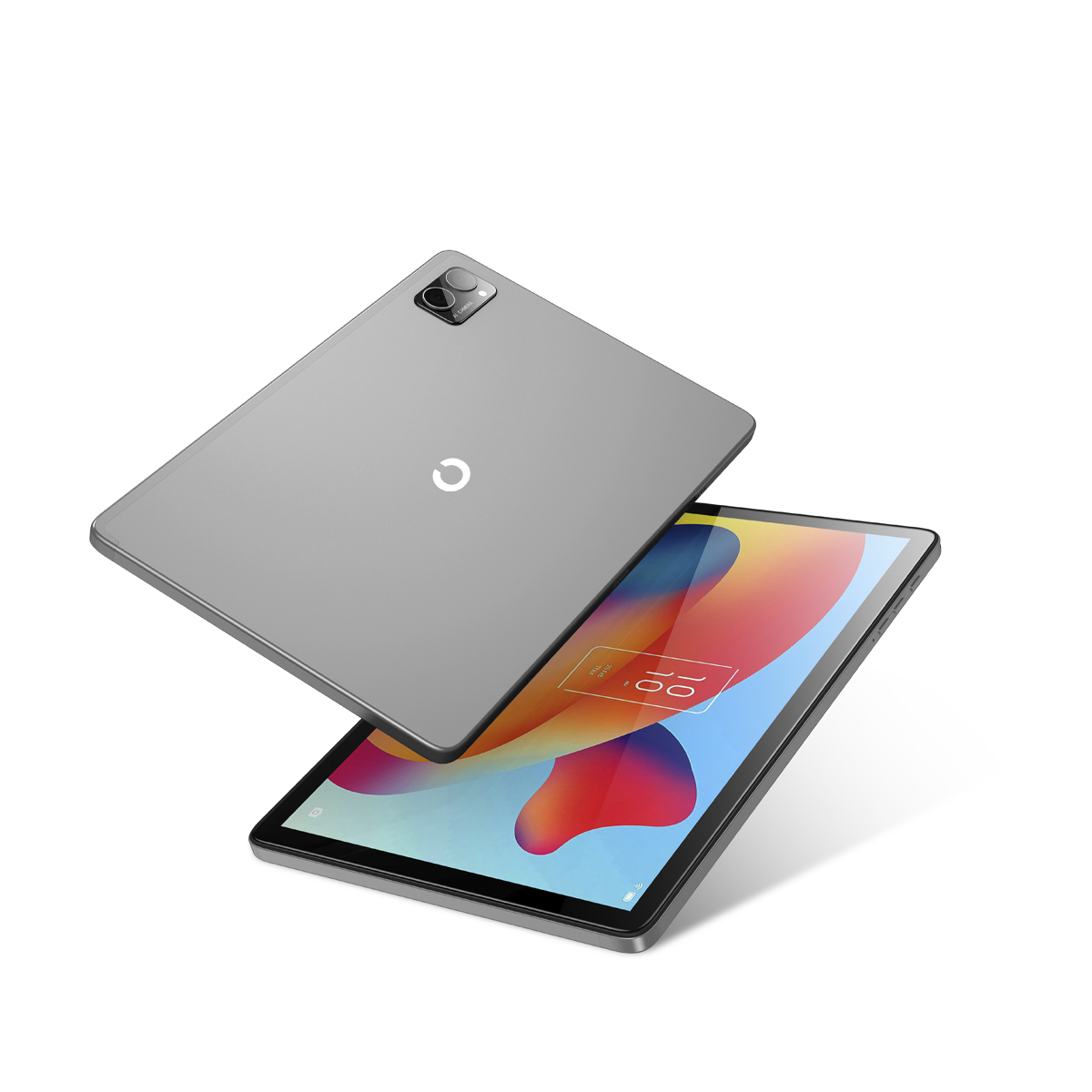 Dwa szare tablety, jeden unoszący się z ekranem skierowanym do góry.