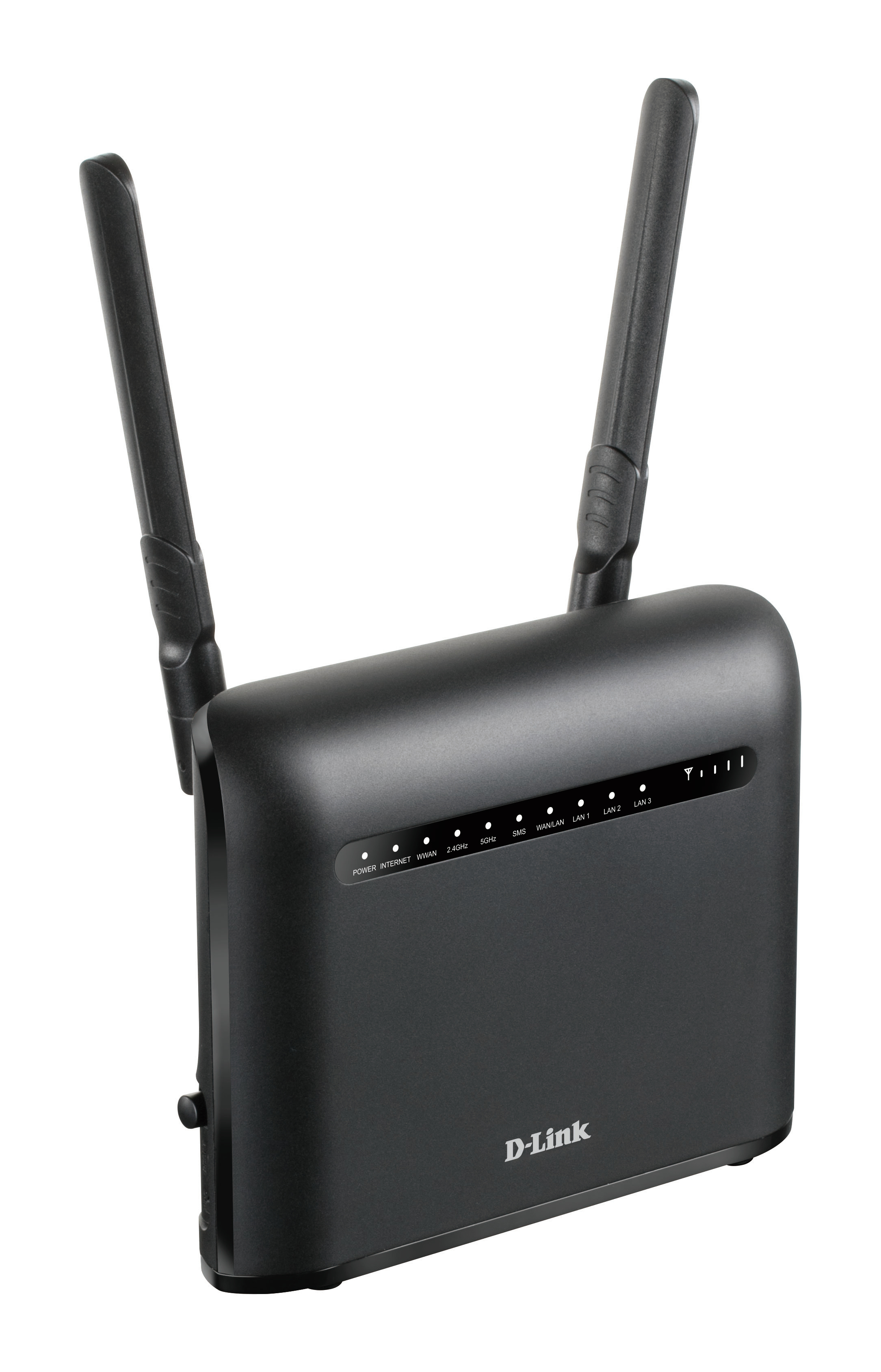 Router D-Link nero con antenne. Ha luci sul pannello frontale e si trova su uno sfondo bianco.