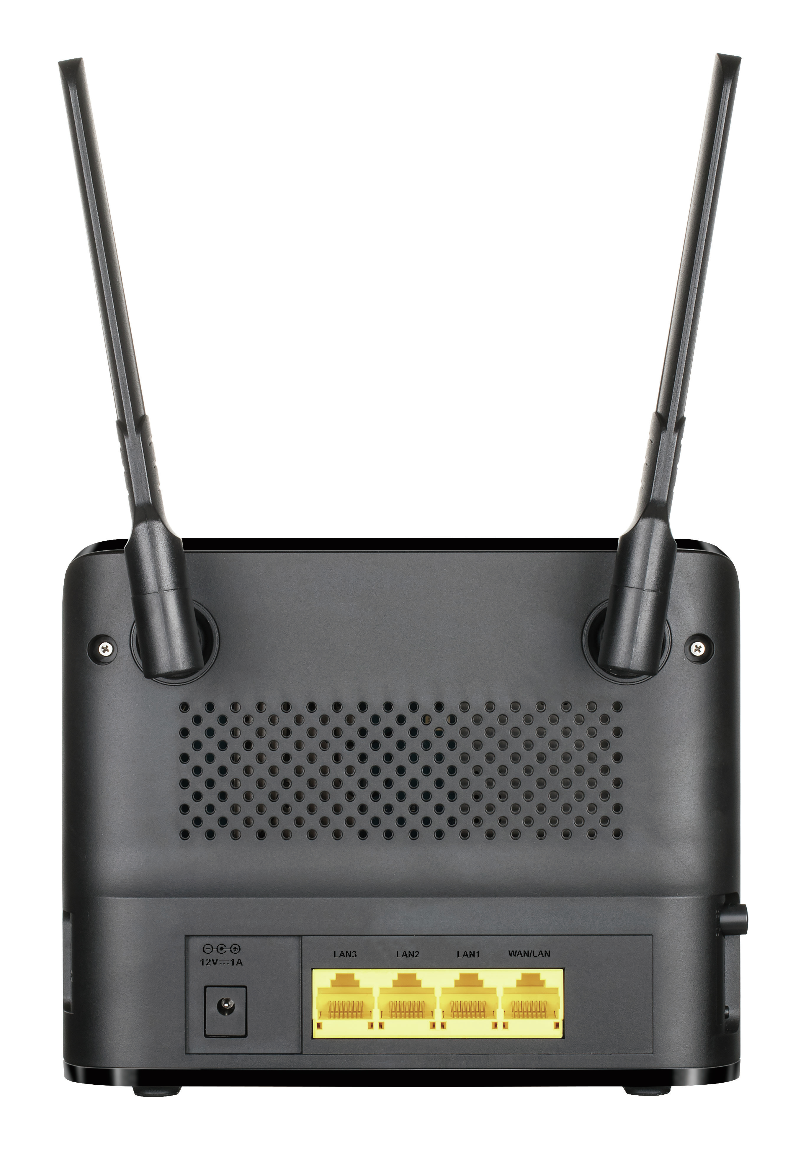 Vista posteriore di un router nero con due antenne e porte contrassegnate LAN1, LAN2, LAN3 e WAN.
