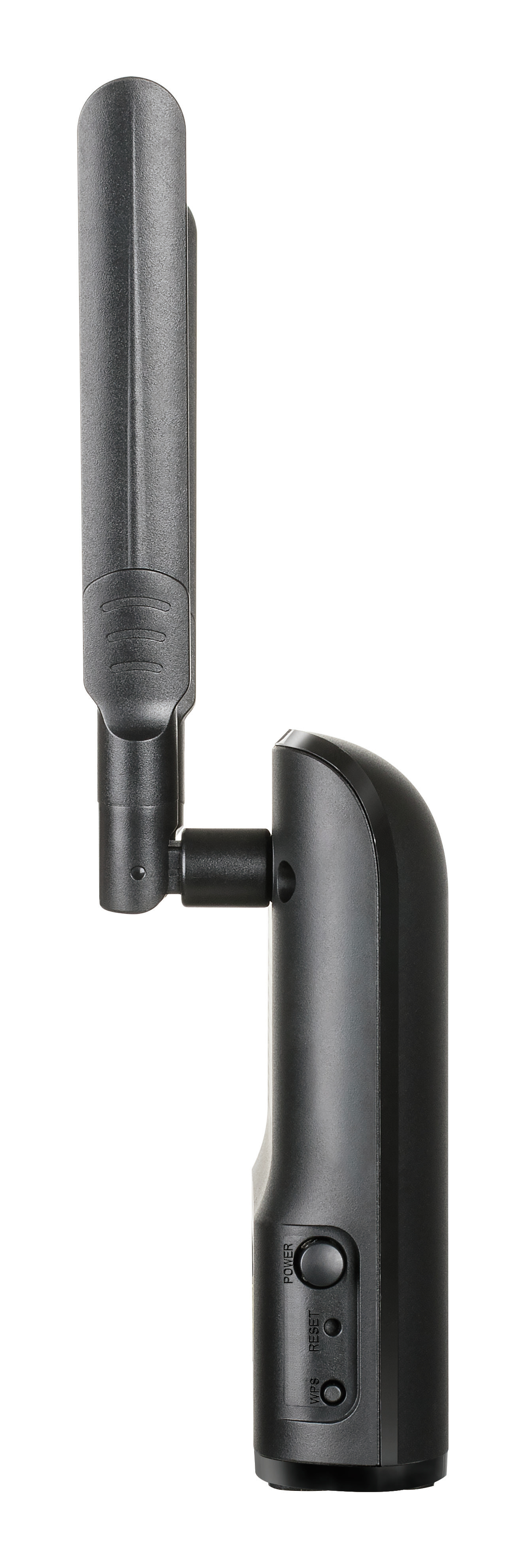 Extender Wi-Fi nero, vista laterale con antenna estesa. Sfondo bianco.