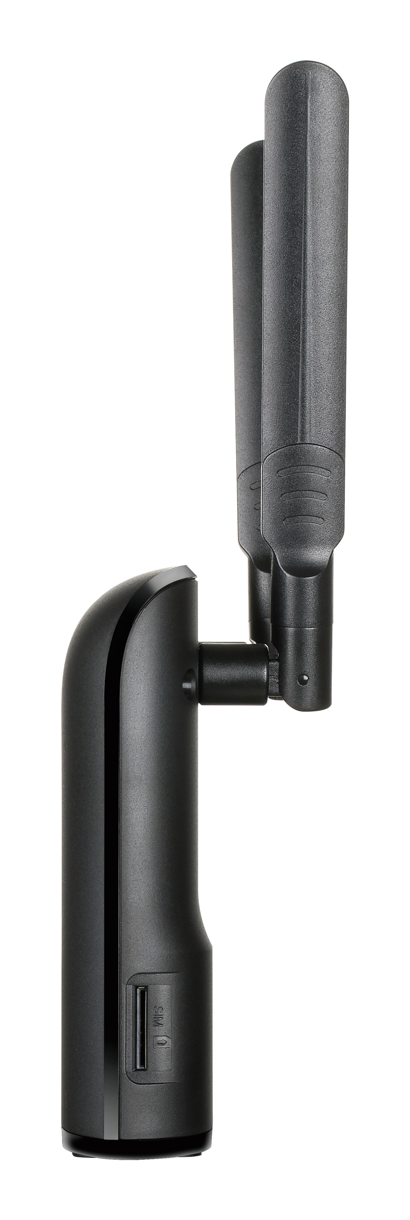 Antenna nera con due elementi verticali collegati a una base con slot per schede SIM.