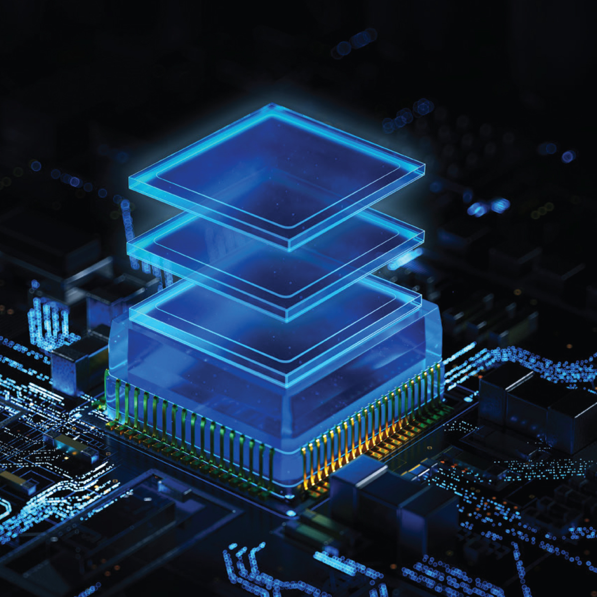 Zbliżenie na chip komputerowy z trzema przezroczystymi niebieskimi warstwami nad nim.