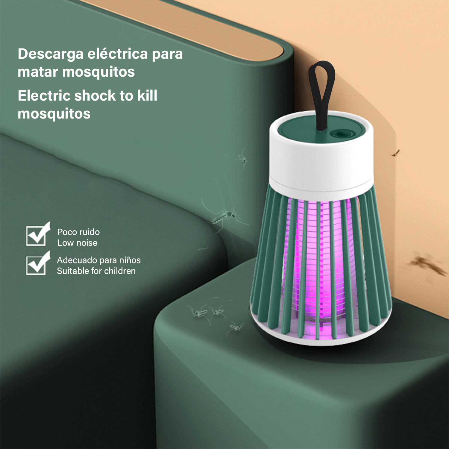 Trampa para mosquitos con luz rosa, rodeada de verde, con gráficos y texto.