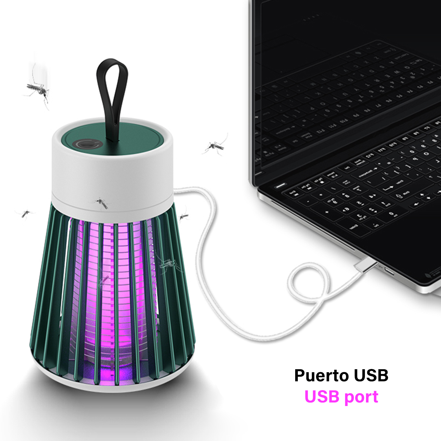 Una trampa para mosquitos con una luz púrpura. Una computadora portátil está conectada cerca con un cable USB.