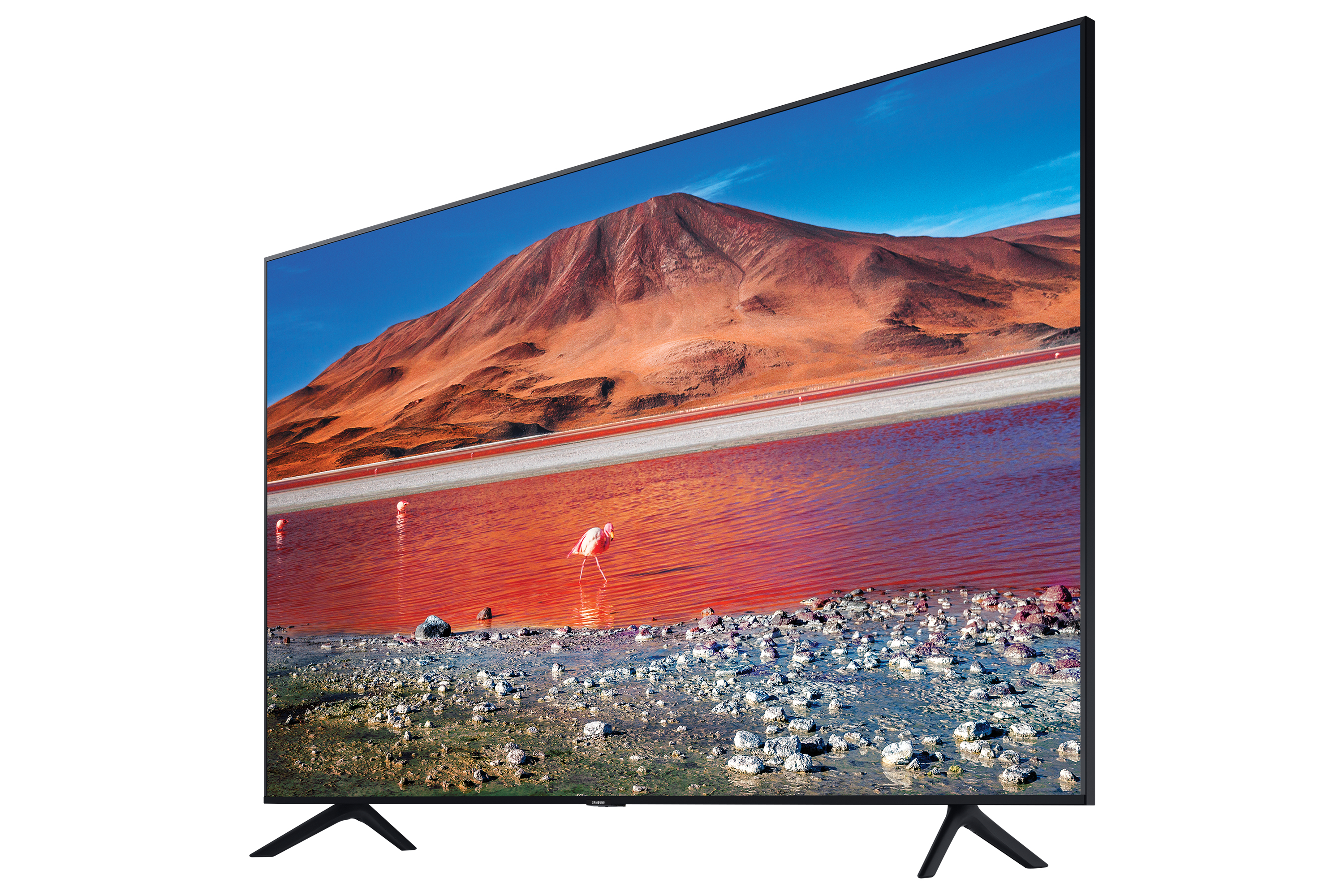 TV che mostra un paesaggio con un lago rosso, montagne e alcuni fenicotteri rosa.