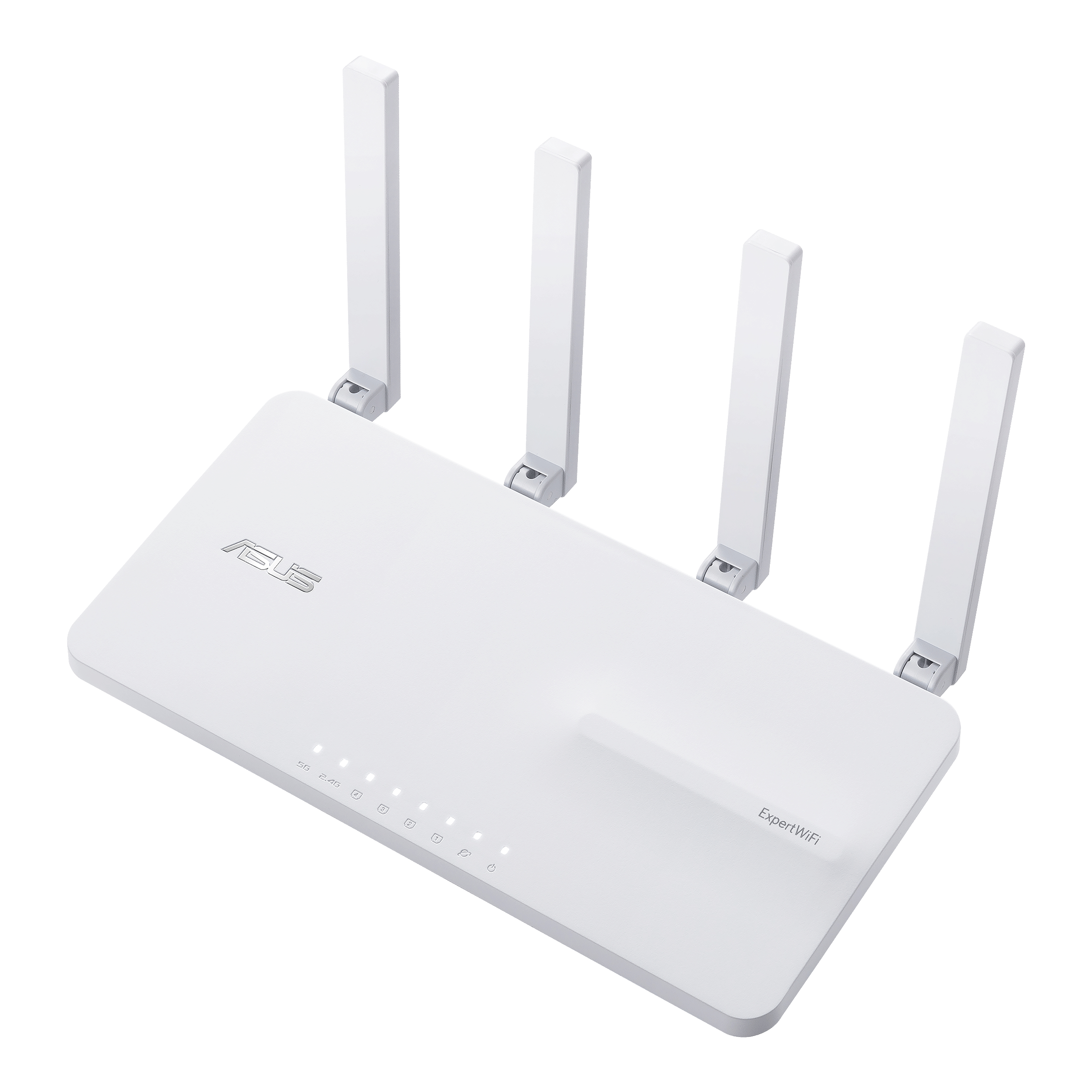 Biały router ASUS ExpertWiFi z czterema antenami, widok z góry.