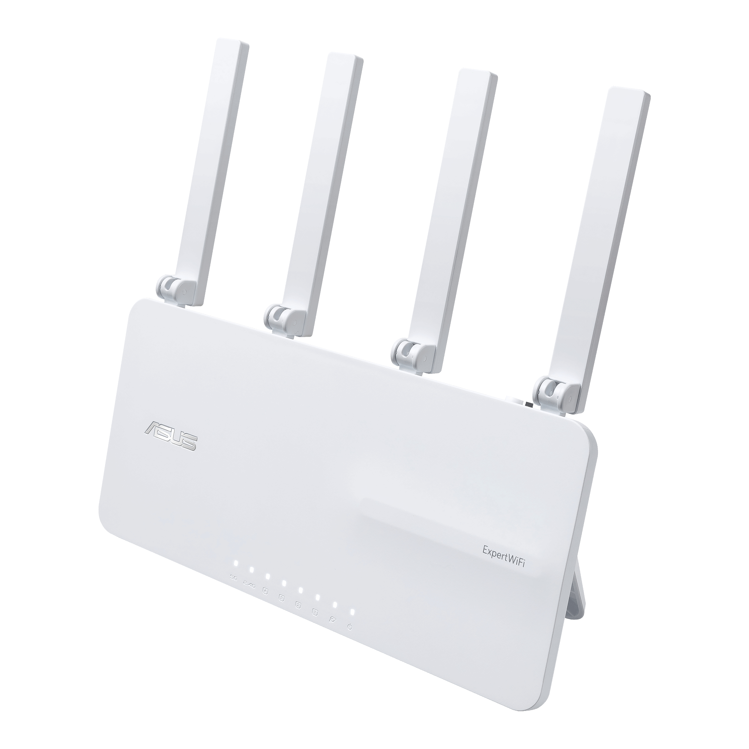 Biały router ASUS z czterema antenami. Ma etykietę ExpertWiFi.