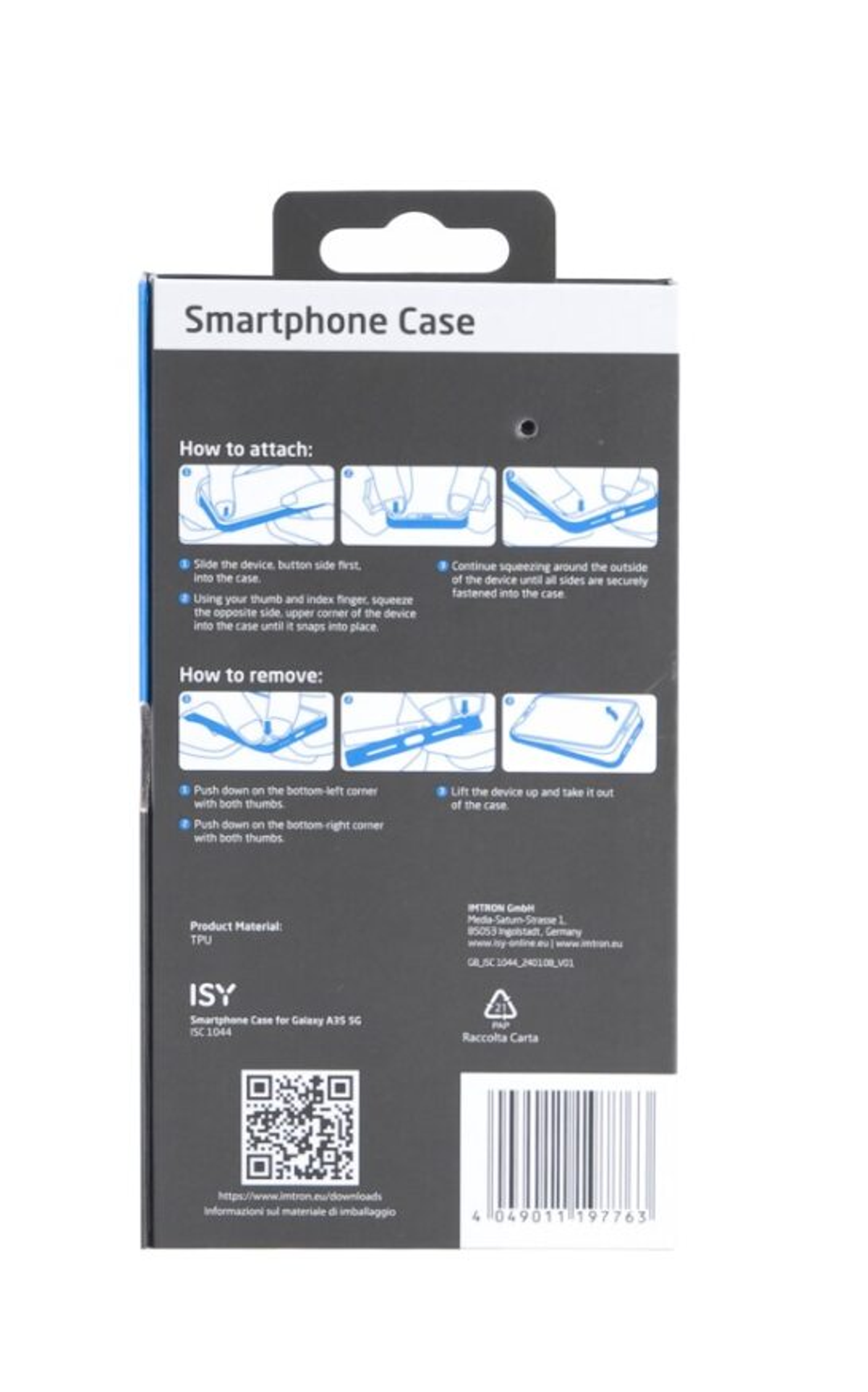 Rückseite einer Smartphone-Hüllenbox mit Anweisungen. Text und Diagramme zeigen, wie man die Hülle anbringt.