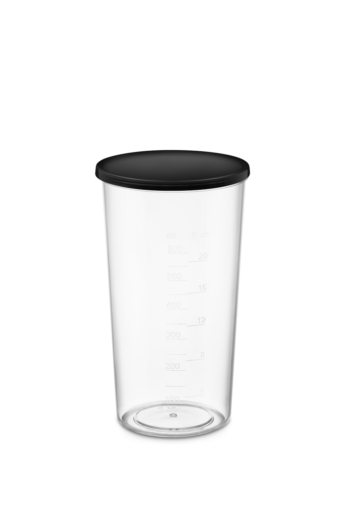 Taza medidora transparente con tapa negra. Medidas visibles en el lateral.