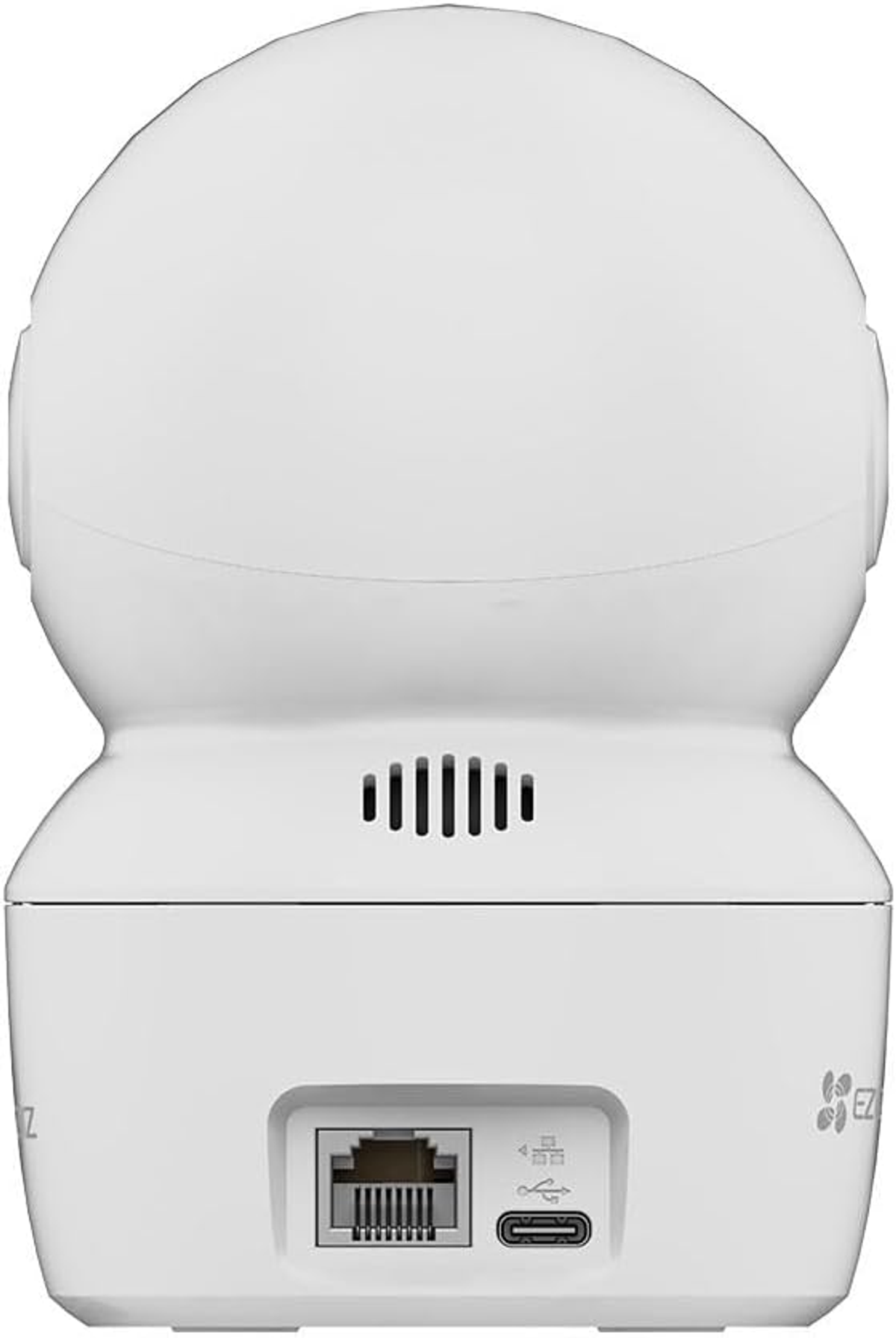 Biała kamera bezpieczeństwa, widok z tyłu, widoczne porty, białe tło.