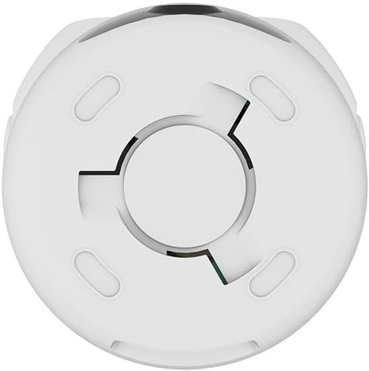 Białe, okrągłe urządzenie z centralnym otworem i czterema małymi owalami na obwodzie.