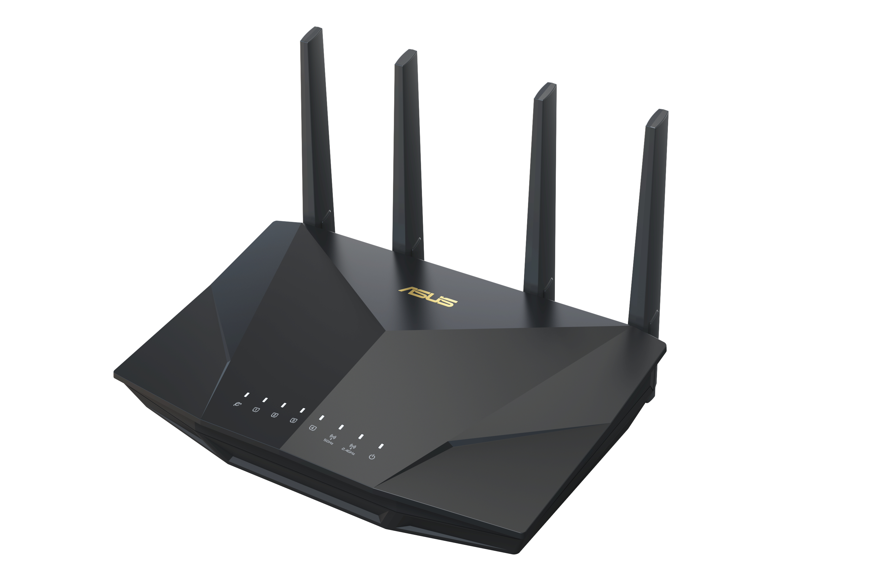 Czarny router ASUS z czterema antenami na białym tle.