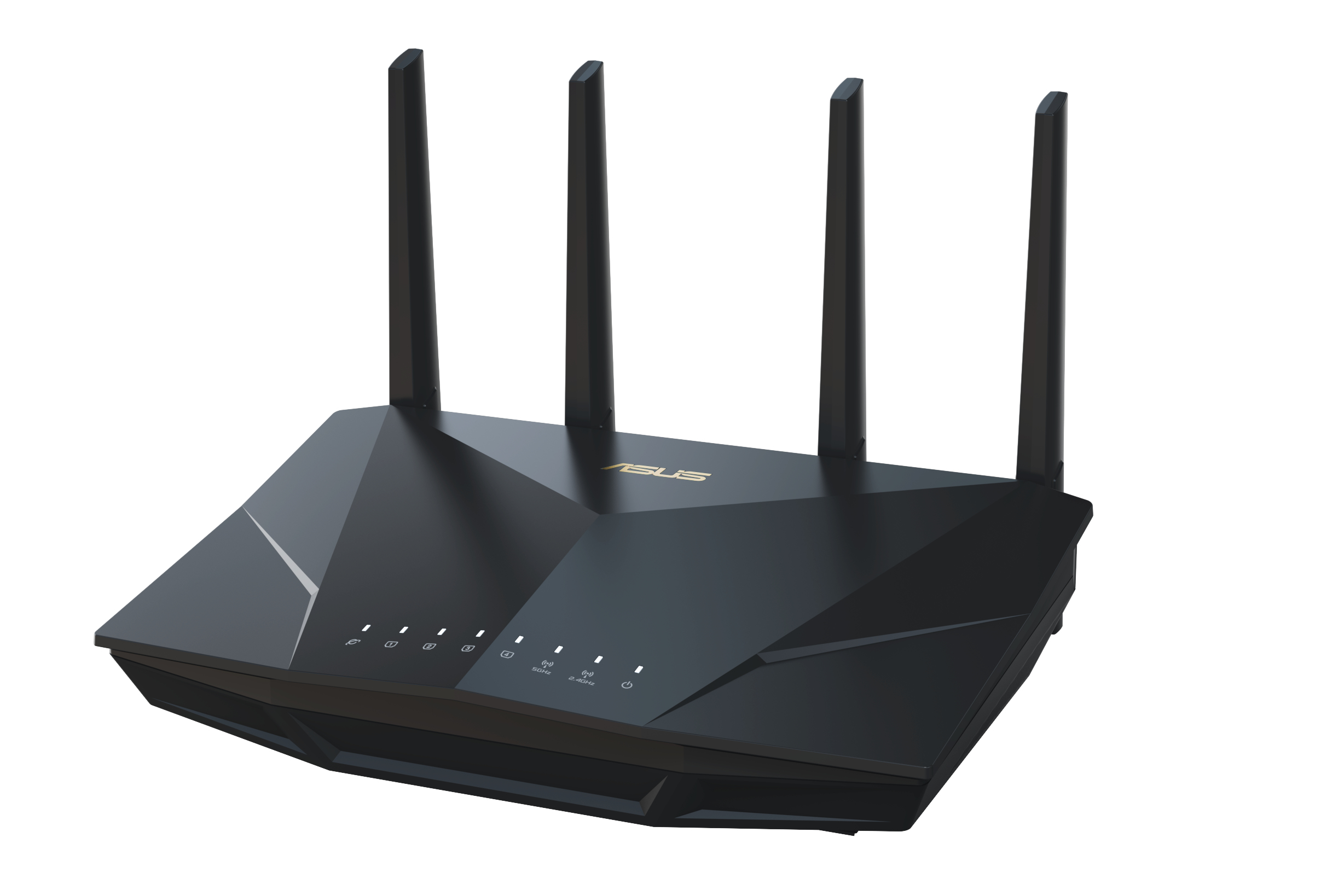 Czarny router ASUS z czterema antenami, widok z boku, na białym tle.