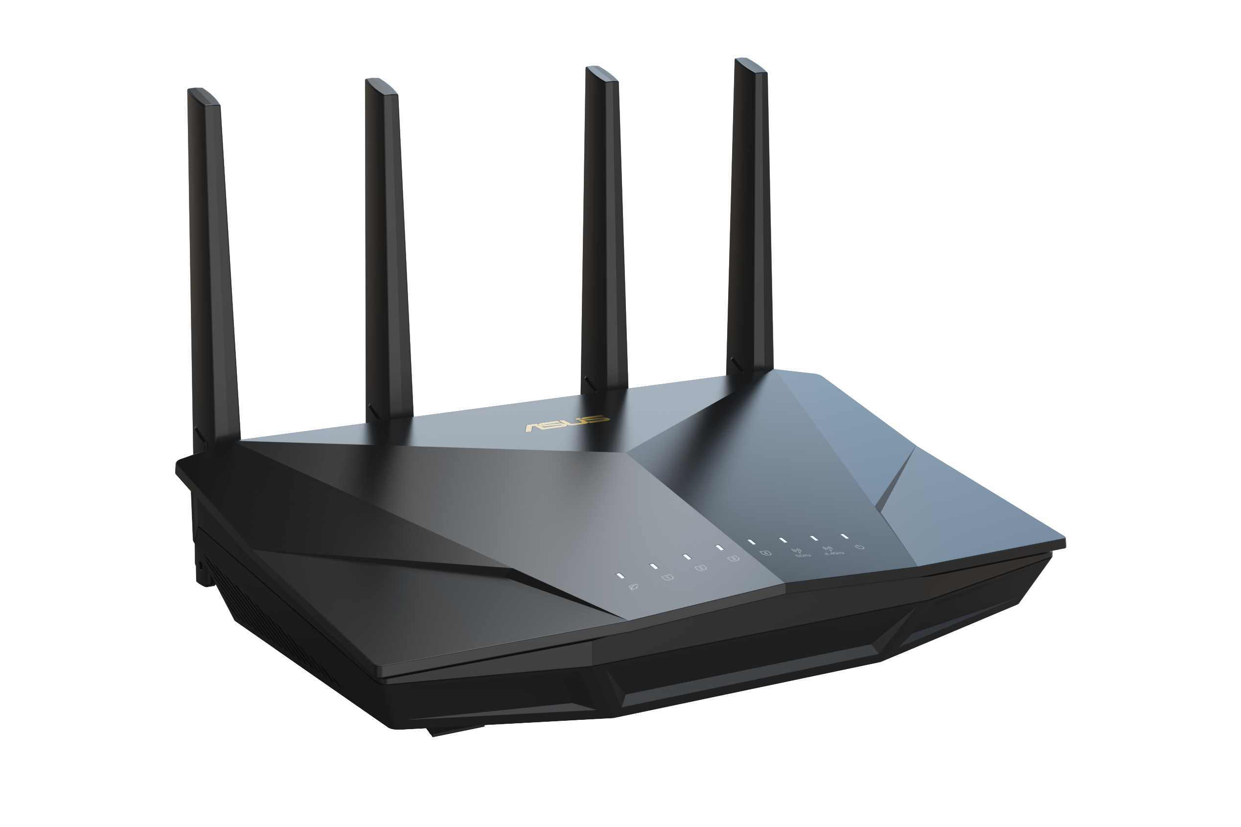 Czarny router ASUS z czterema antenami. Router jest na białym tle. Złote logo ASUS.