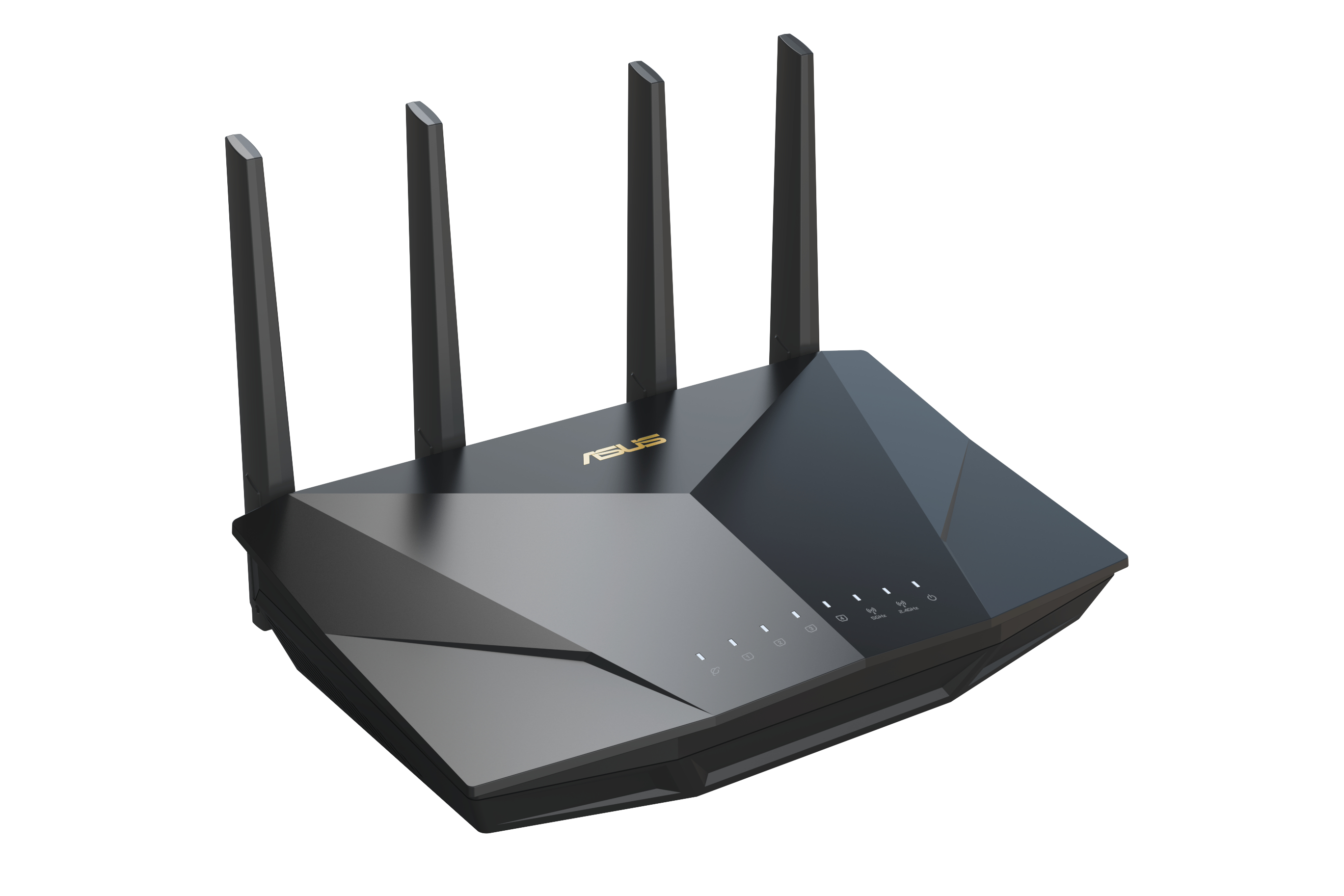 Czarny router ASUS z 4 antenami na białej powierzchni. Router ma światła.