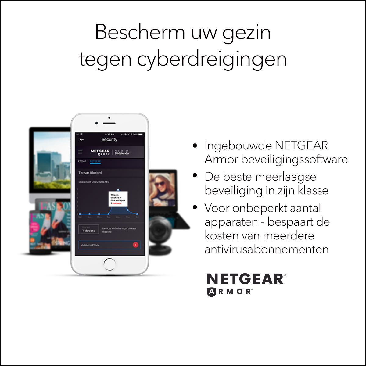 Smartfon wyświetla aplikację do cyberbezpieczeństwa, z innymi ekranami w tle, tekstem i logo Netgear Armor.