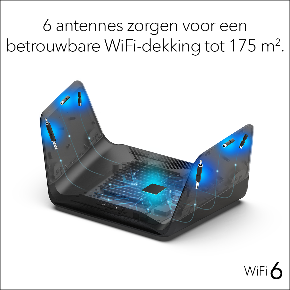 Czarny i szary router z sześcioma antenami, niebieskie podświetlenia.