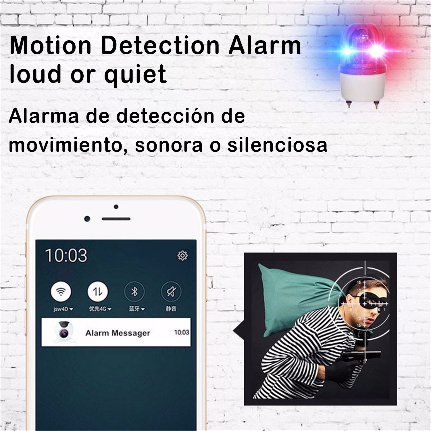 Uno smartphone mostra un'app di allarme, con un allarme di rilevamento del movimento e un bersaglio.