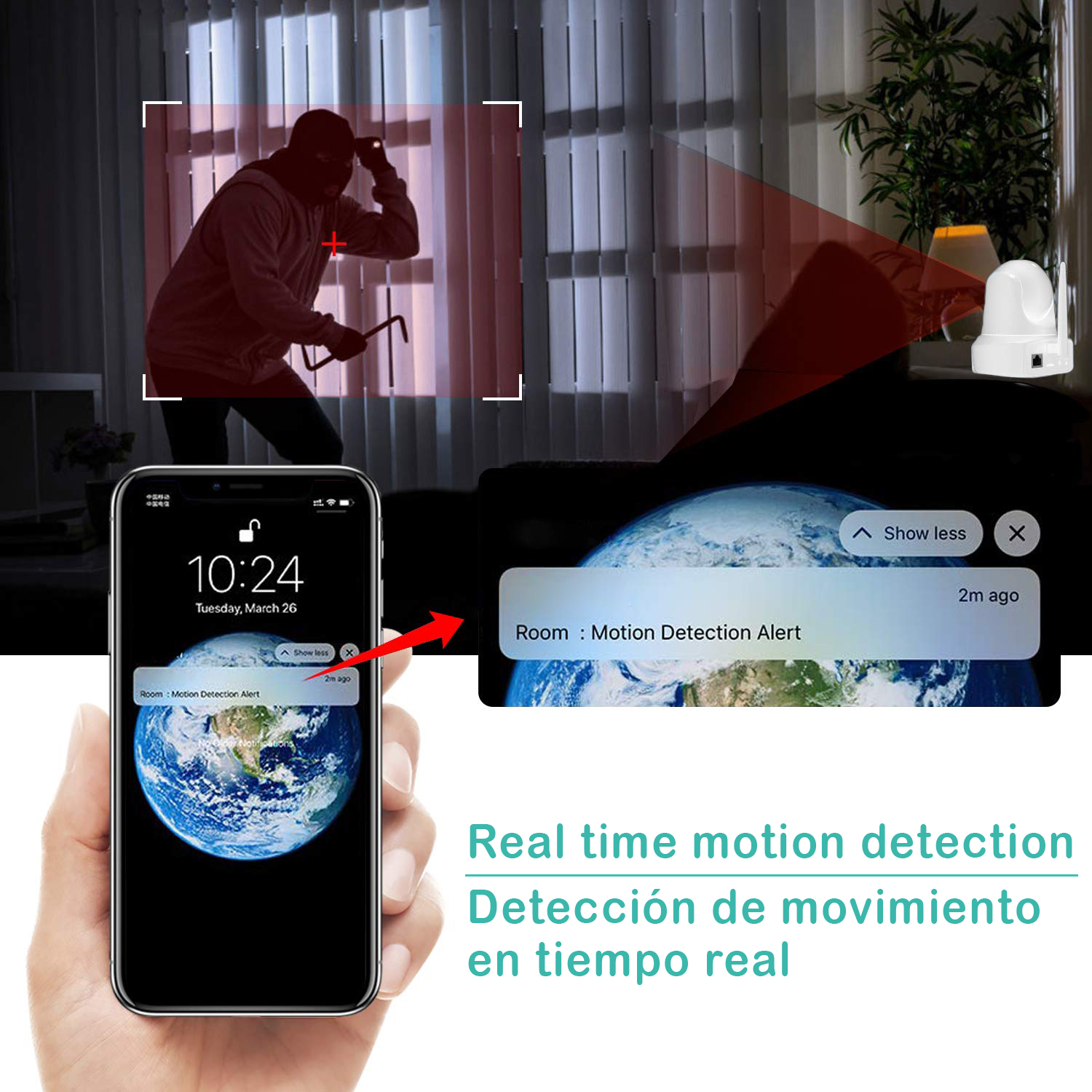 Un telefono mostra un avviso di rilevamento del movimento di un ladro con uno smartphone e una telecamera.