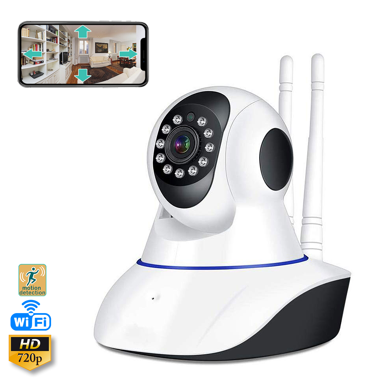 Telecamera di sicurezza bianca con antenne, icone: movimento, Wi-Fi, HD 720p. L'inserto mostra una stanza.