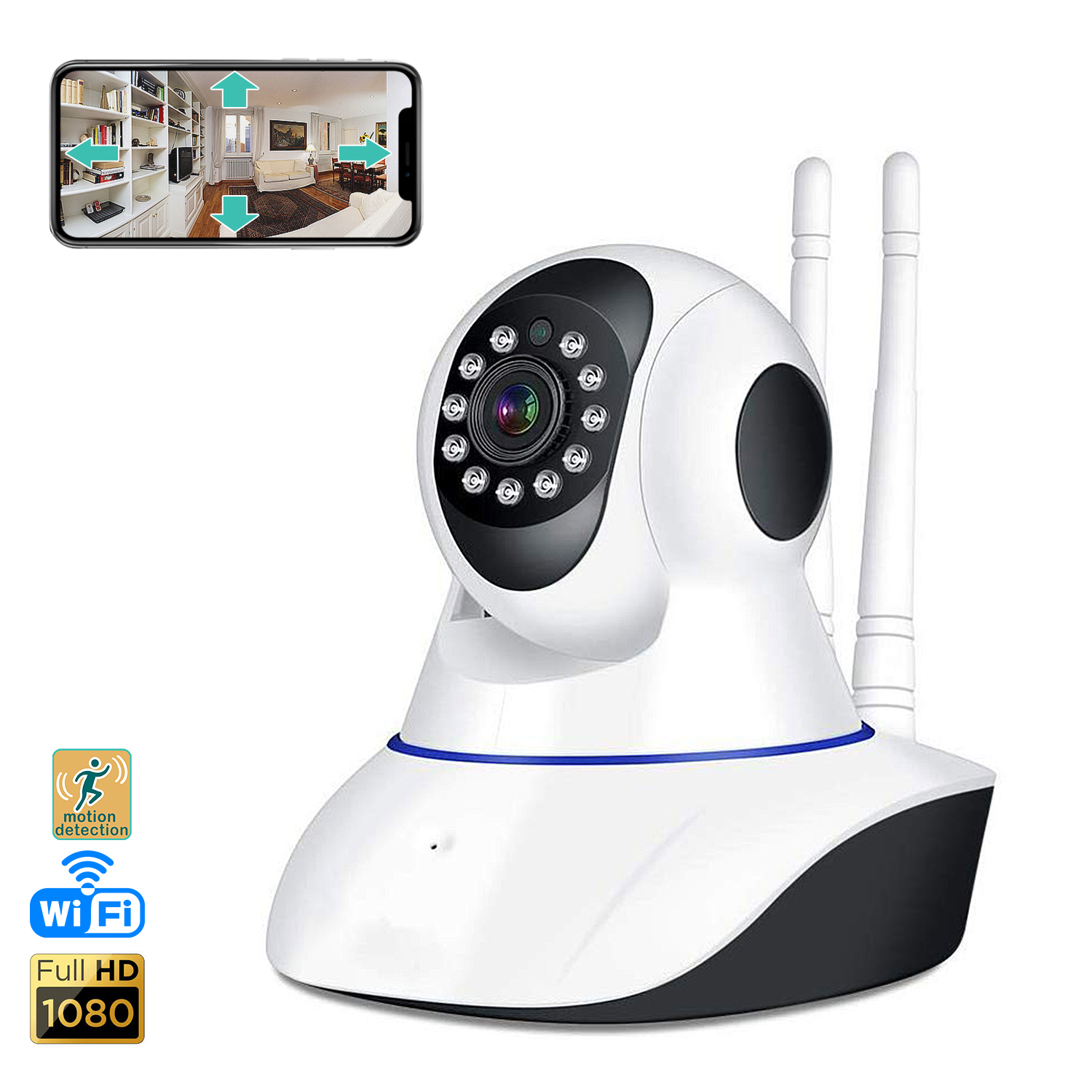 Telecamera di sicurezza bianca con antenne e smartphone con vista stanza.