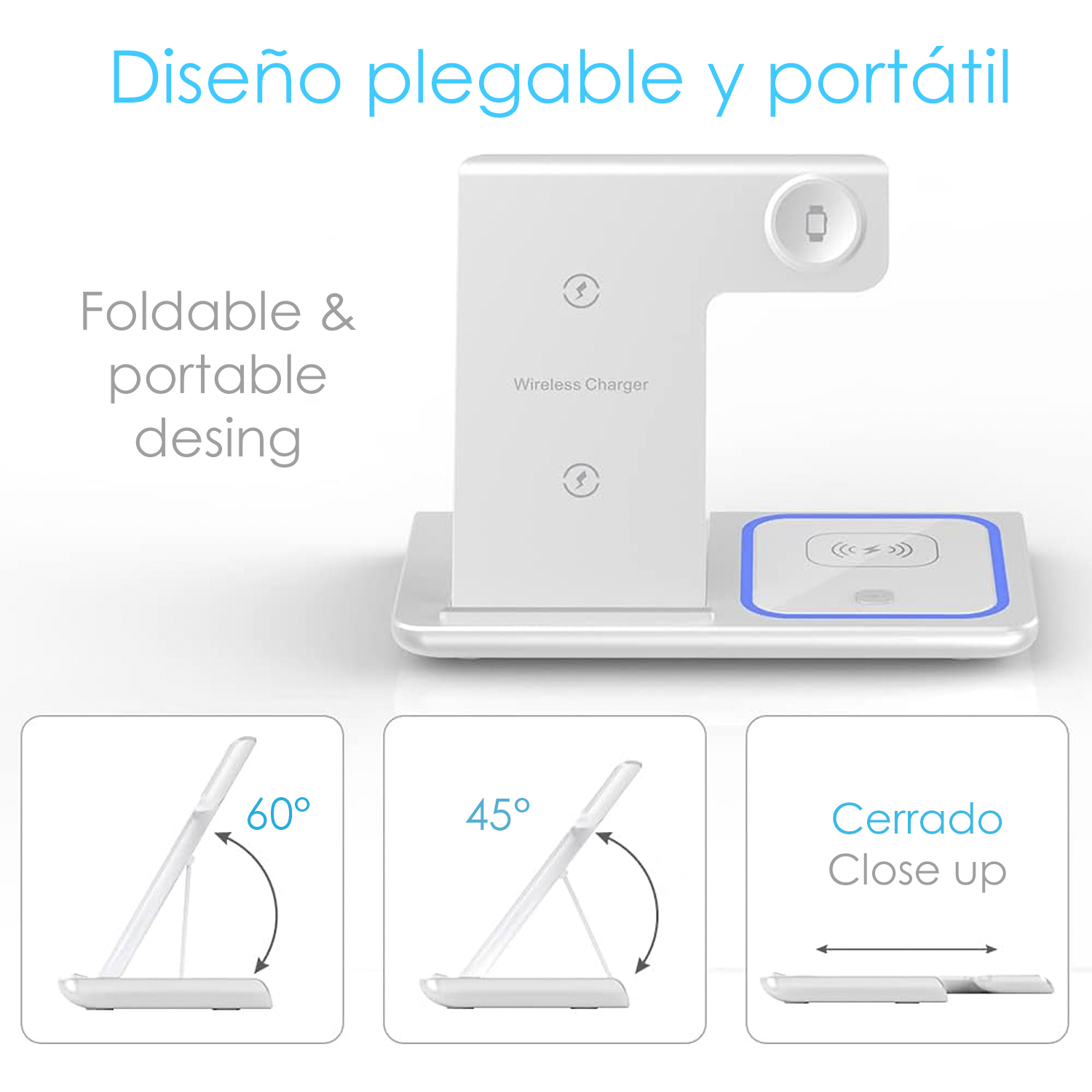 Caricabatterie wireless bianco con più sezioni e supporto per la ricarica di telefoni o orologi. Mostra posizioni piegate e spiegate.