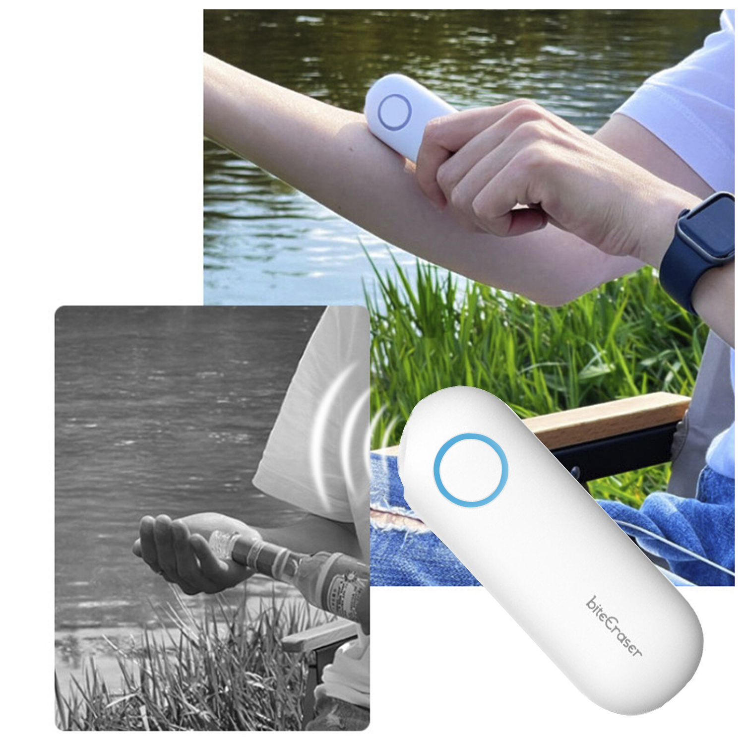 Dos fotos que muestran un dispositivo blanco que se usa en el brazo y una escena de río.